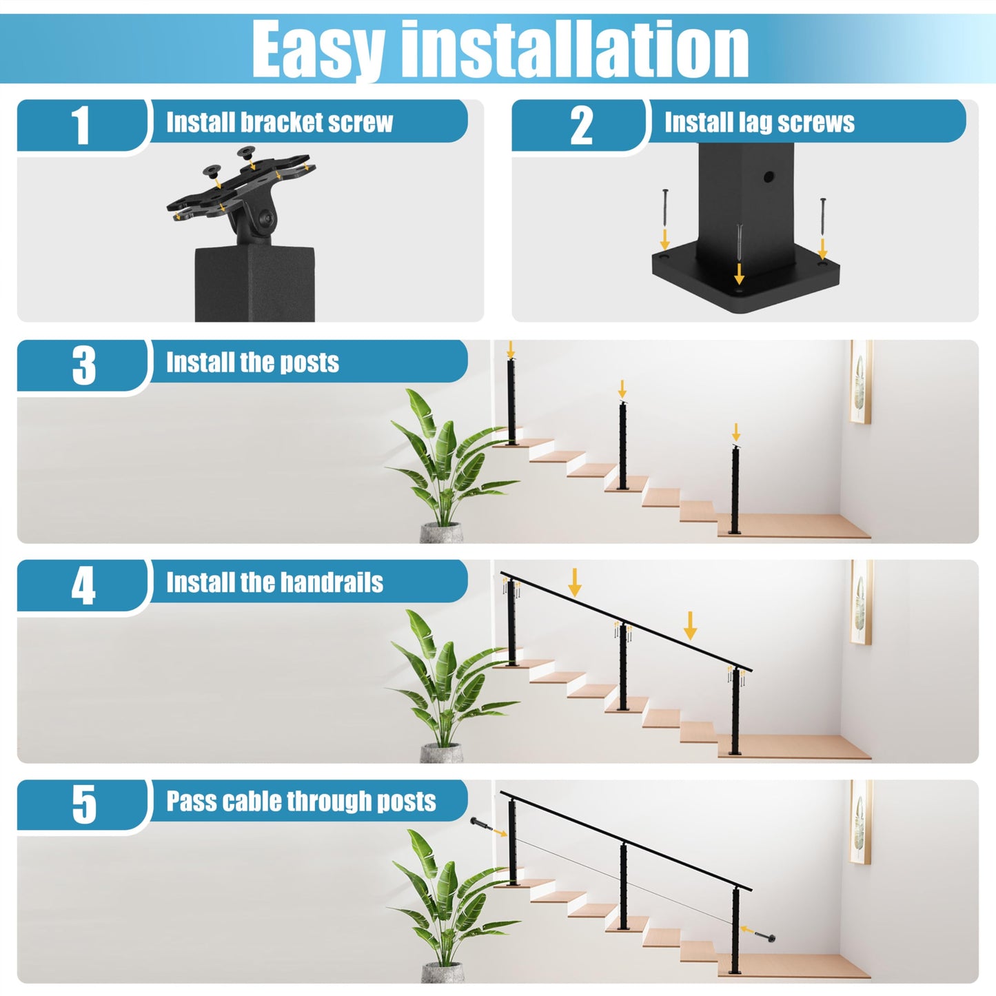 Patavin Complete Set 36" Cable Railing Post Kit, Black 25-35° Angle Drilled Stair Railing Post, Invisible Cable Railing System Kit, 1/8" Stainless Steel Cable, 3Pack with Cable Grommets (No Handrail)