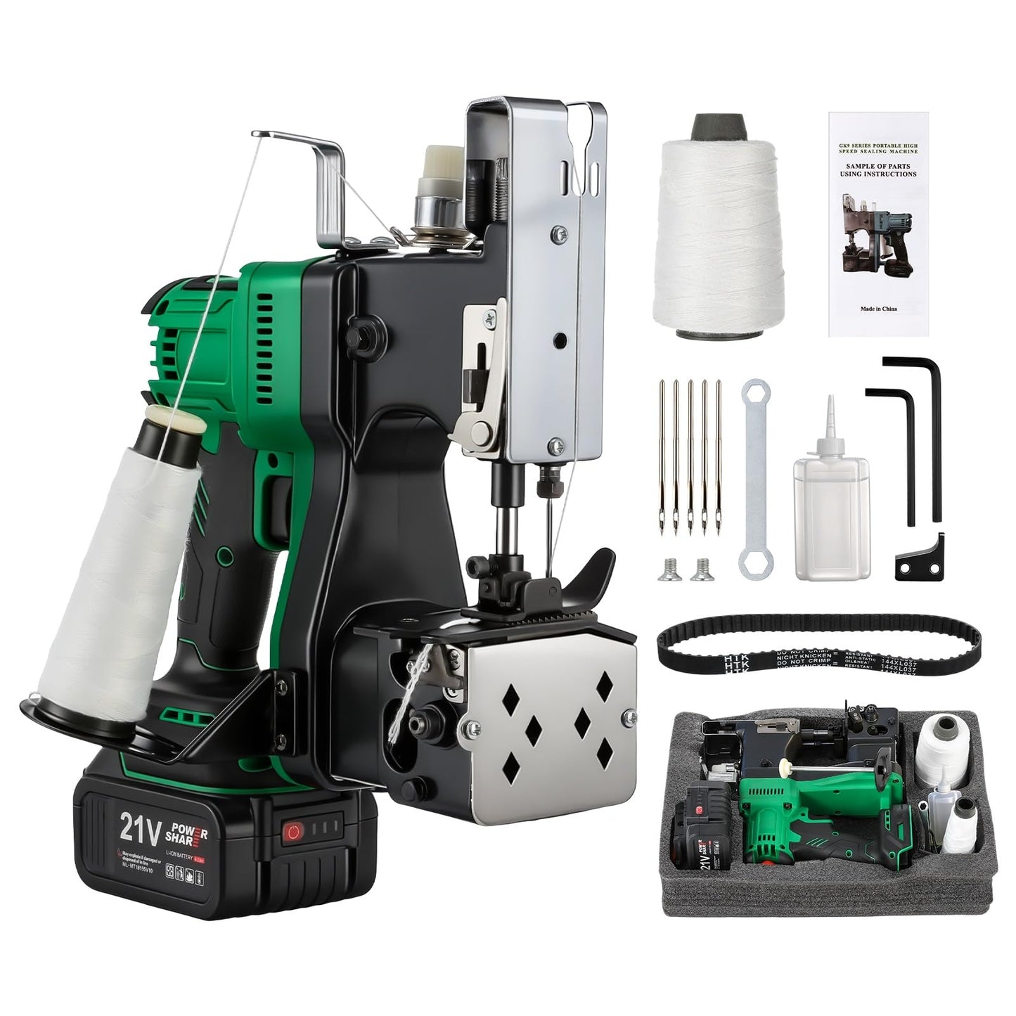 Cordless Bag Closing Machine with 2x3.0A Batteries, Brushless Motor, Battery Bag Sewing Machine Portable Bag Closer Stitcher Packing Machine for Feed Sacks, Rice Bags, Burlap Sack