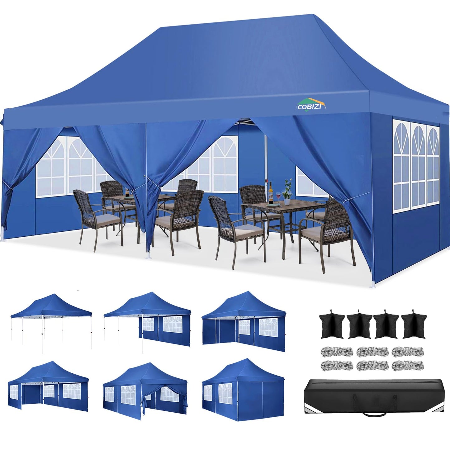 COBIZI 10x20 Pop Up Canopy Tent with 6 Sidewalls, Waterproof Commercial Canopy Ez Outdoor Instant Gazebo Easy to Set up Event Shelter, Garden Tents for Parties with Sandbags, Blue