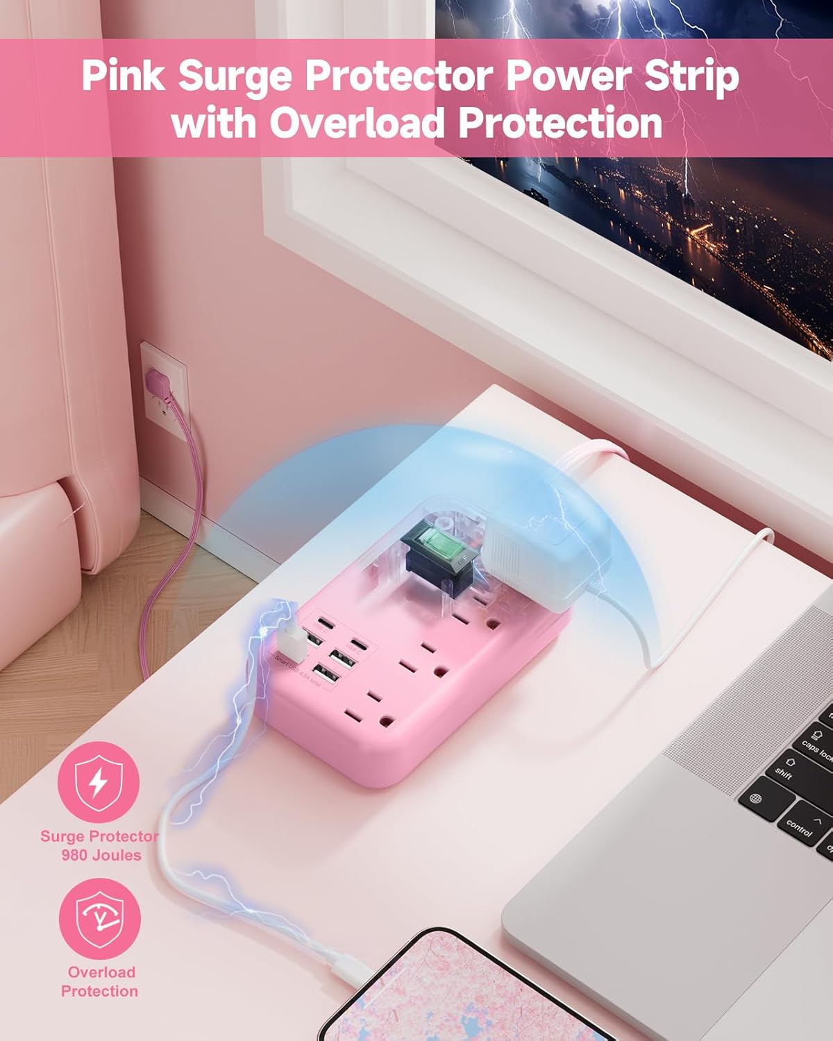 Beeiker 6 USB(2 5Ft 24W 4 USB C) Pink Extension Cord- Travel Power Strip with USB Charging Station and Outlets, Pink