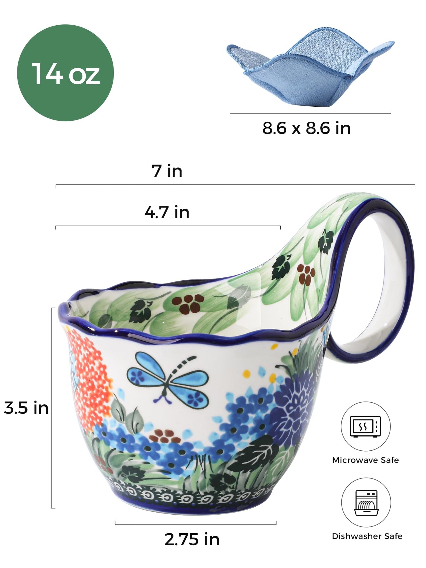 CKERAVOX Soup Bowl with Handle, Microwavable Ceramic Soup Mug with Bowl Snuggies, Handpainted Soup Cups for Stew, Fruits, Chili, Gift for Women Mother, Petite Floret