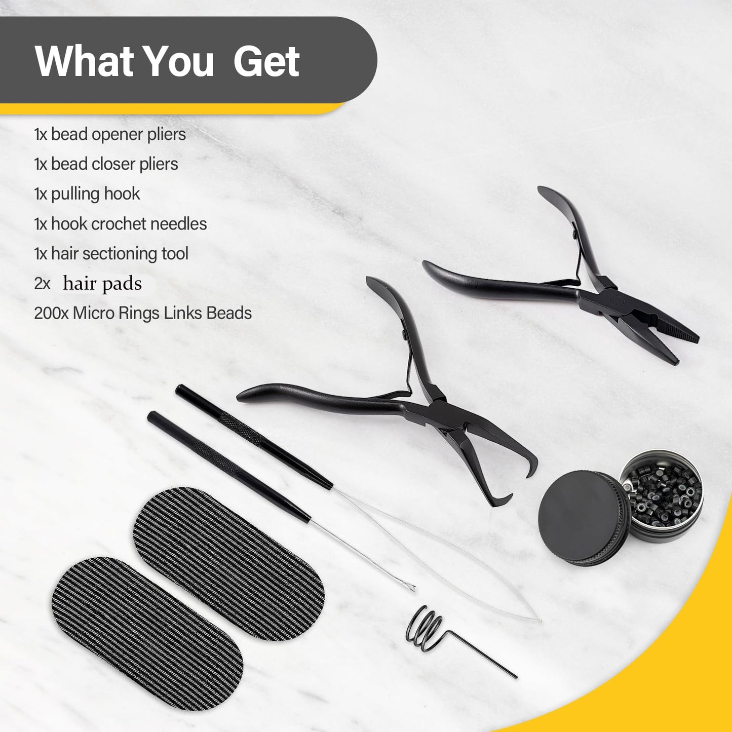 Gomake Microlinks Hair Extensions Kit, Hair Extension Closer and Removal Pliers, Micro Beads Pulling Hook & Microbead Loop Tool, Micro Links Silicone Rings Bead 200PCS(Black)