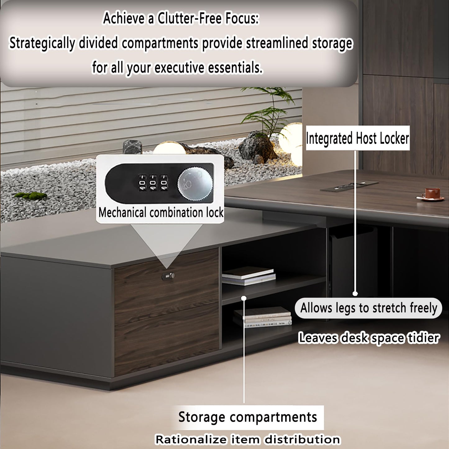 Modern L-Shaped Executive Desk with Drawers, Wooden Office Desk with Hidden Power Outlet, Digital Combination Lock, Aluminum Inlaid Desktop for Home & Professional Office
