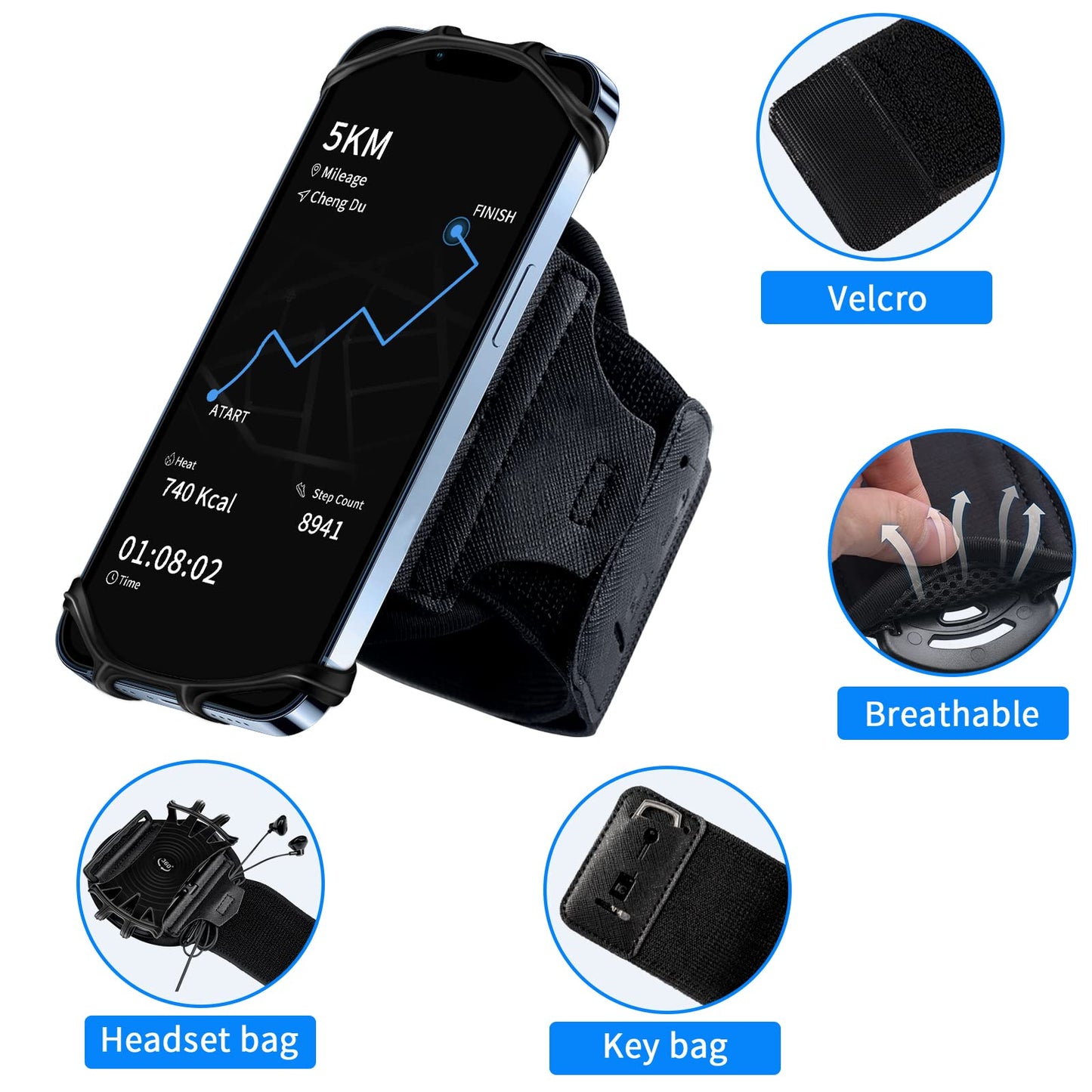 HLOMOM Running Phone Holder Armband for Phone, Detachable & 360°Rotated Sports Armband with Key Pocket for iPhone 17/16/15/14/13 Pro/12 Pro/XS/XR/8/7/6s Plus, for Samsung Galaxy 4''-6.5'' Cellphone