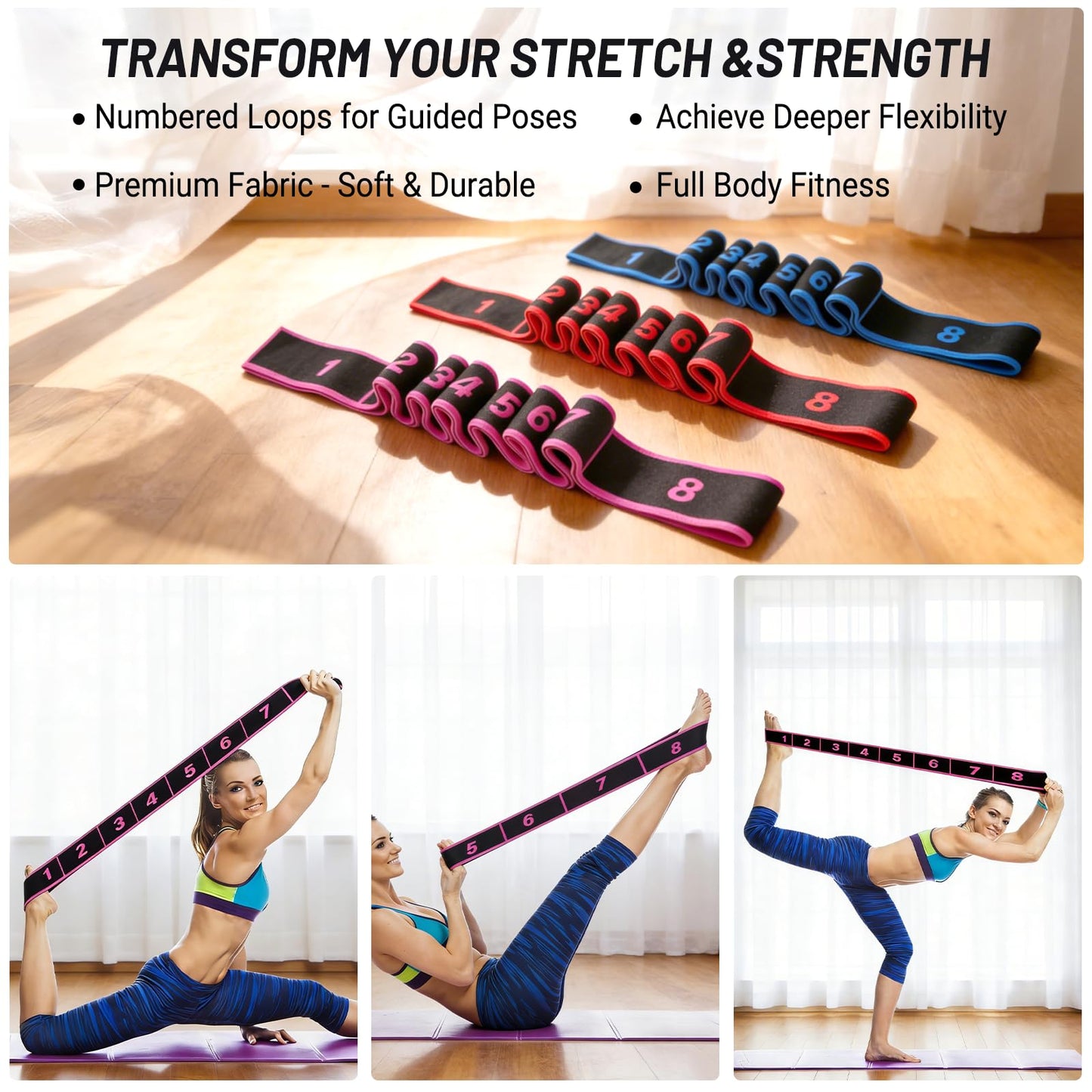 Fitness Resistance Band for Stretching and Yoga,Number Stretch Resistance Band,8-Section Elastic Stretching Strap with Clear Markings For Exercise,Physical Therapy,Full Body Stretching,Pilates-3PCS