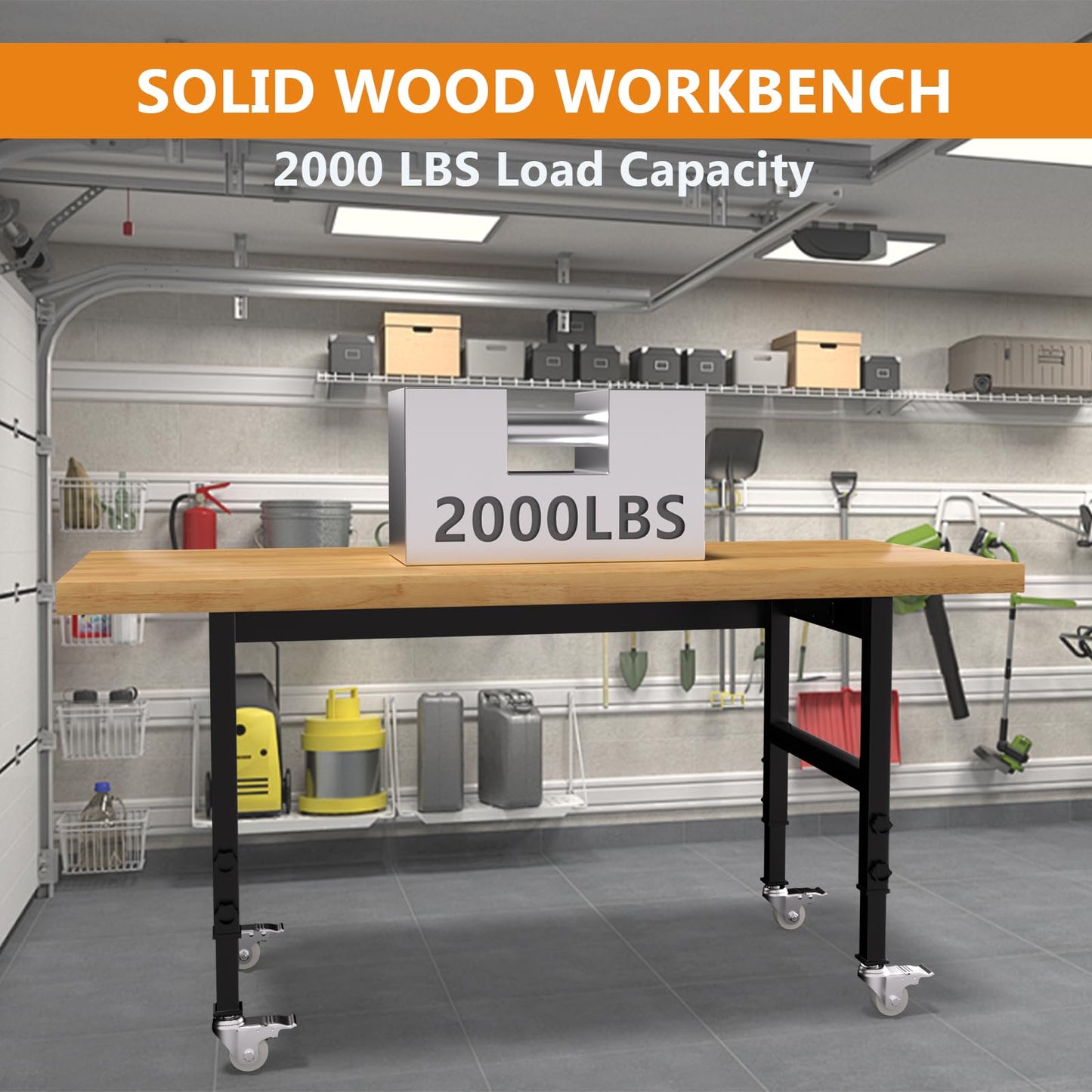 Pelnuies 60" Heavy-Duty Solid Wood Work Bench with Wheels, Adjustable Height Workbench with Power Outlets, 2000 LBS Capacity Work Table for Garage, Workshop(60" X 24")