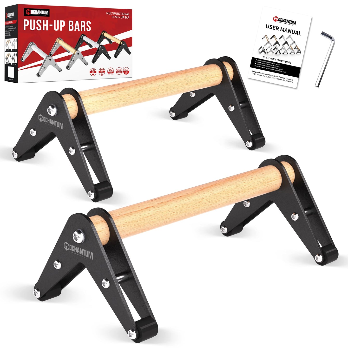 Mochantum Parallettes Bars - Wooden Push Up Bars with Non-Slip Heavy-Duty Stainless Steel Base, 660LB Capacity, Portable Calisthenics Equipment for Calisthenics, Handstand ,Strength Training & Home Gym Workouts, Black, 12.7 inch