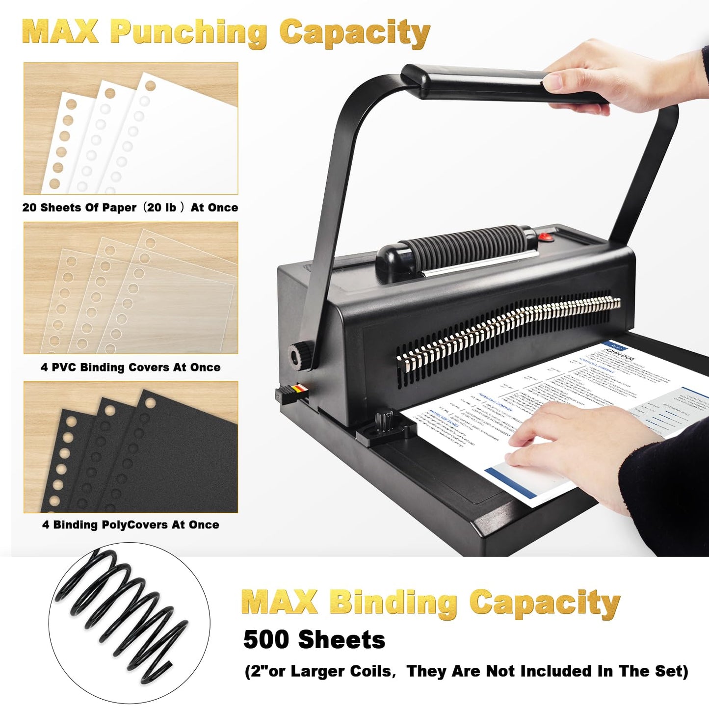 HOUYEE Spiral Coil Binding Machine with 100 Pack 3/8"(10mm) Binding Coils & Plier, Manual Punch & Electric Coil Inserter, 46 Disengaging Pins, Adjustable Side Margin,Fit Letter Size/A4/A5