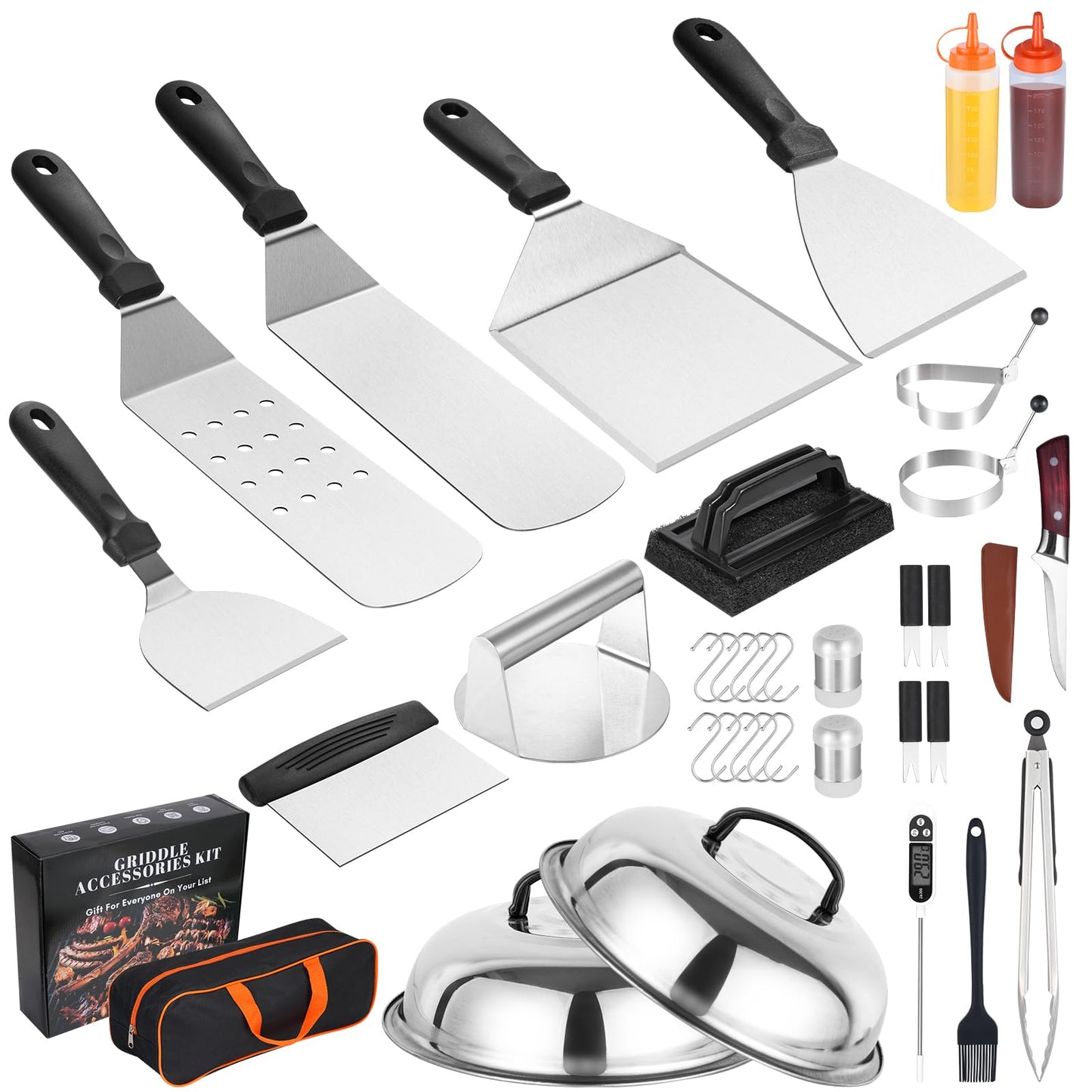 Griddle Accessories Kit,35 PCS BBQ Accessories for Blackstone and Camp Chef,Stainless Steel Flat Top Grill Accessories with Carry Bag,Griddle Dome Spatula Set with Burger Press for Outdoor