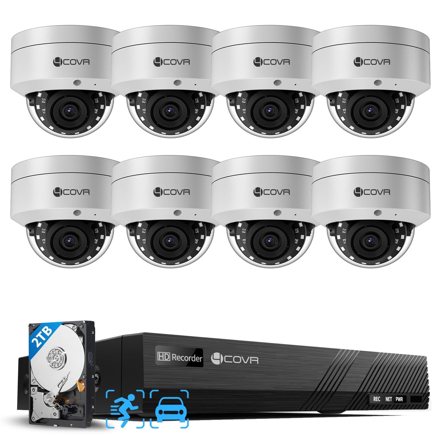 4COVR 4K PoE Security Camera System with Audio, 8X 8MP IK10 Vandal-Proof IP67 Dome IP Camera, 8 Channel 4K NVR 2TB HDD, AI Human Vehicle Detection & Night Vision, 24/7 Home Recording, LY54AX8M0808