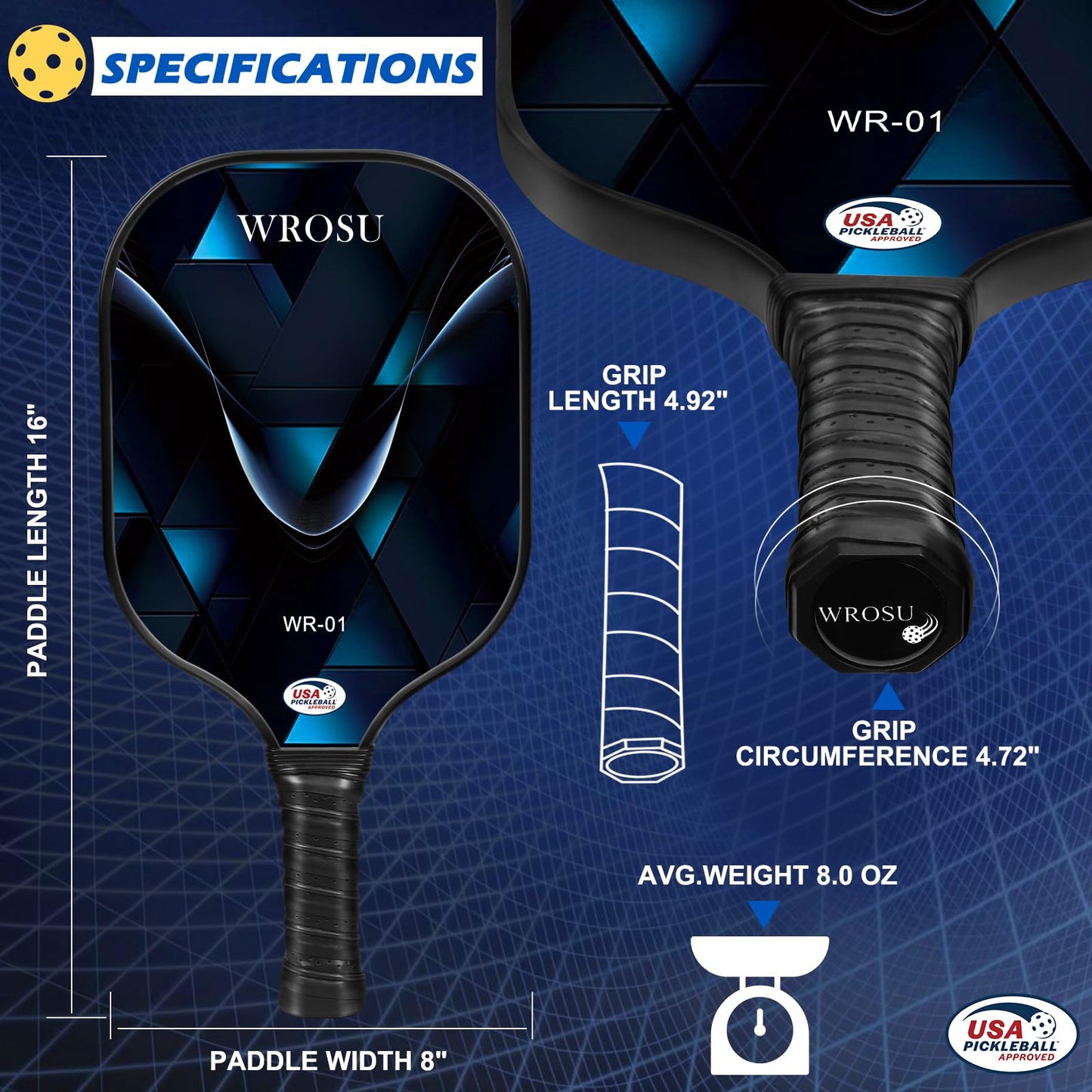 WROSU Pickleball Paddles Set of 4 Carbon Fiber | 2024 USAPA Approved Equipment W/Accessories | Core Carbon Fiber Pickleball Racquet | Have Traction and Stability | for Friends