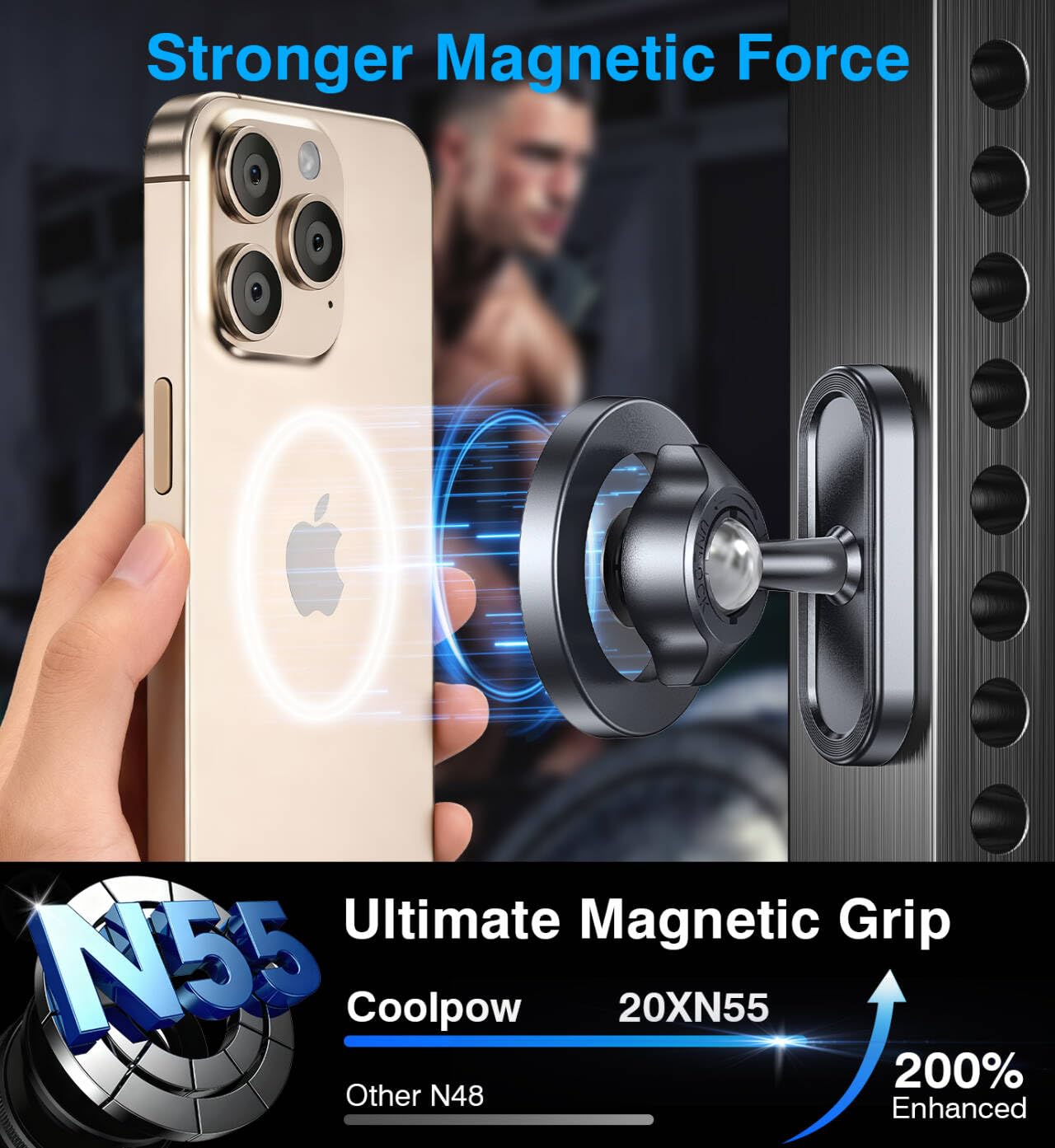 Coolpow Dual Magnetic Phone Holder for Gym Mag Safe Phone Holder【Strong Magnet】 Gym Phone Holder Camera Mount for Gym Accessories for Women Attach to Metal Surface with iPhone 17 Pro Max 16 15 14 13