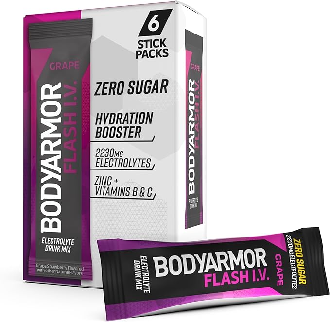 BODYARMOR Flash IV Electrolyte Packets, Grape - Zero Sugar Drink Mix, Single Serve Packs, Coconut Water Powder (6 Count)