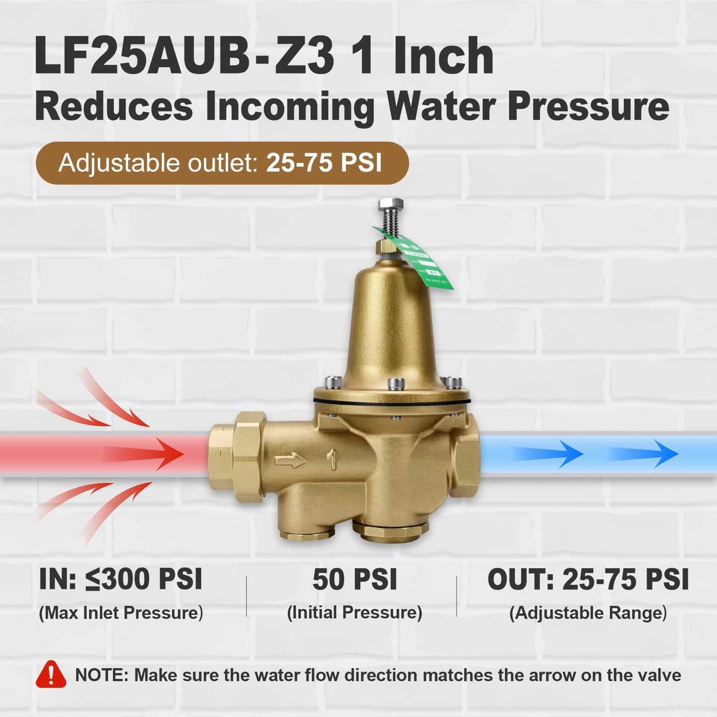 LF25AUB-Z3 1" Cast Copper Silicon Alloy Pressure Reducing Valve, Adjustable 25-75 psi, Maximum 300 psi, NPT Female Union x NPT Female Outlet, Polymer Seat