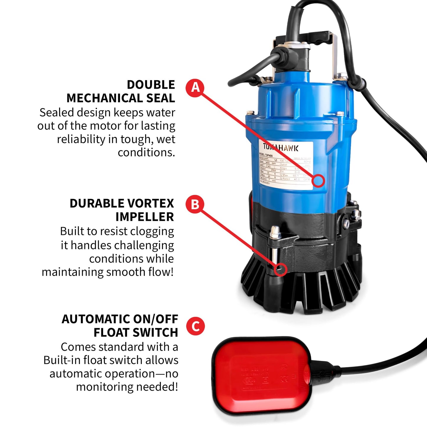 1/2 HP Submersible Water Pump 2" Outlet 66 GPM 400W Electric Utility Dewatering Pump Basement Flooding Construction Sites Irrigation Drainage