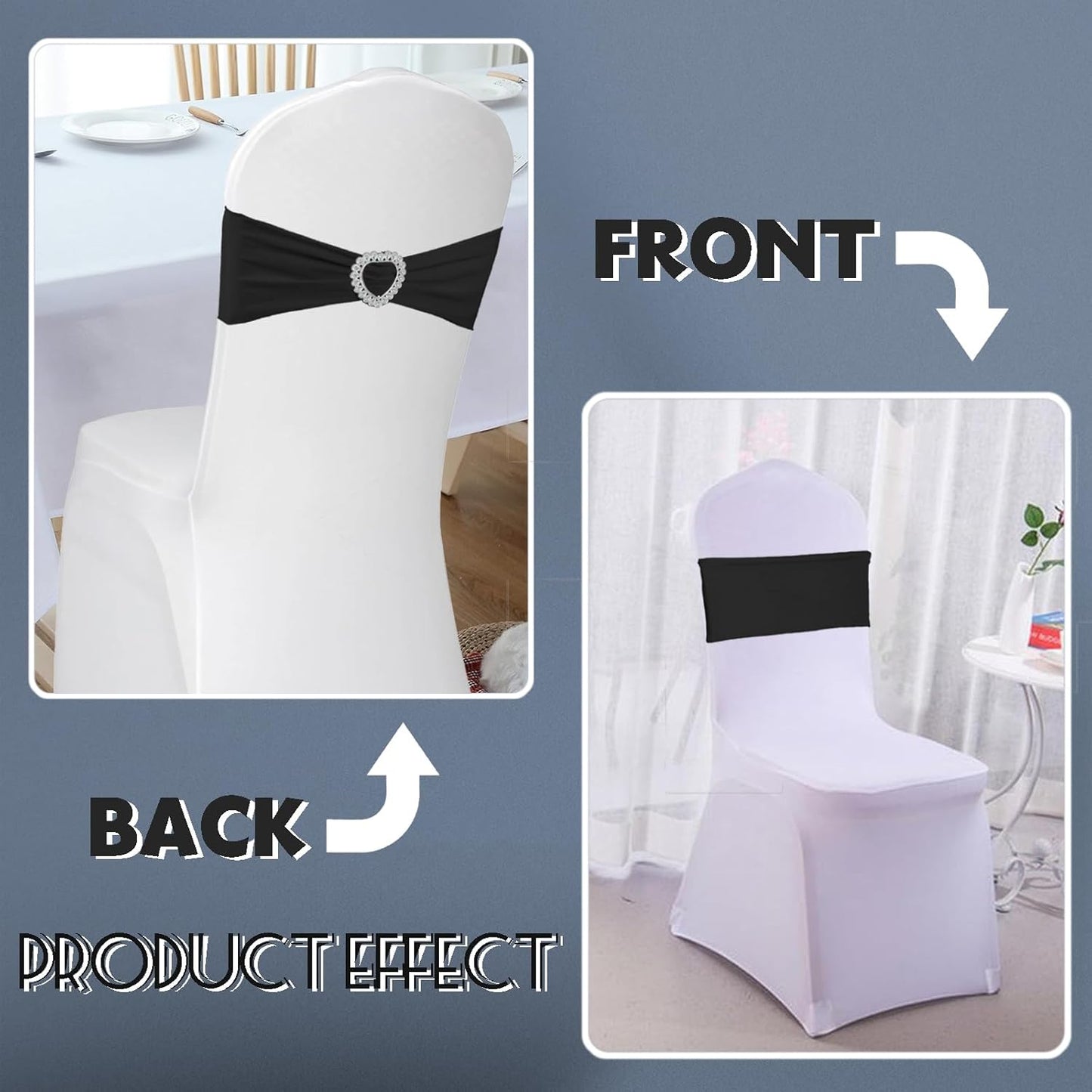 Skiennix 100PCS Spandex Stretch Black Chair Sashes - Universal Elastic Covers with Buckle Slider for Weddings & Events