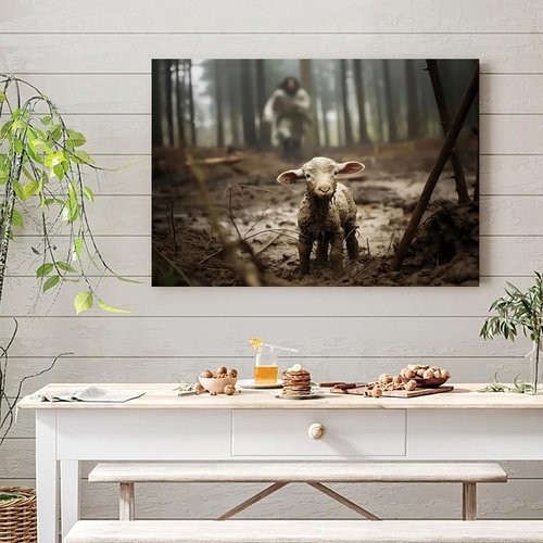 Balgardekor Jesus Canvas Wall Art - Inspirational Running After Lost Lamb Design | 12 x 16 Inches, Grey