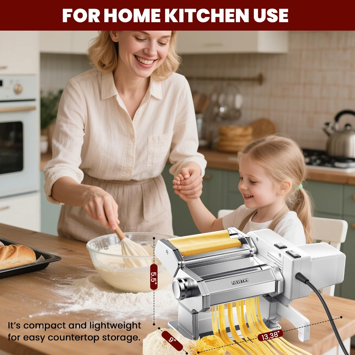 NEWTRY Electric Pasta Maker Machine Noodle Making Dough Roller Press with Detachable Motor 0.2-0.5mm Dough Sheet Thickness Adjustable 1.5mm Pasta 6mm Fettuccine Cutter 110volt for Home Use