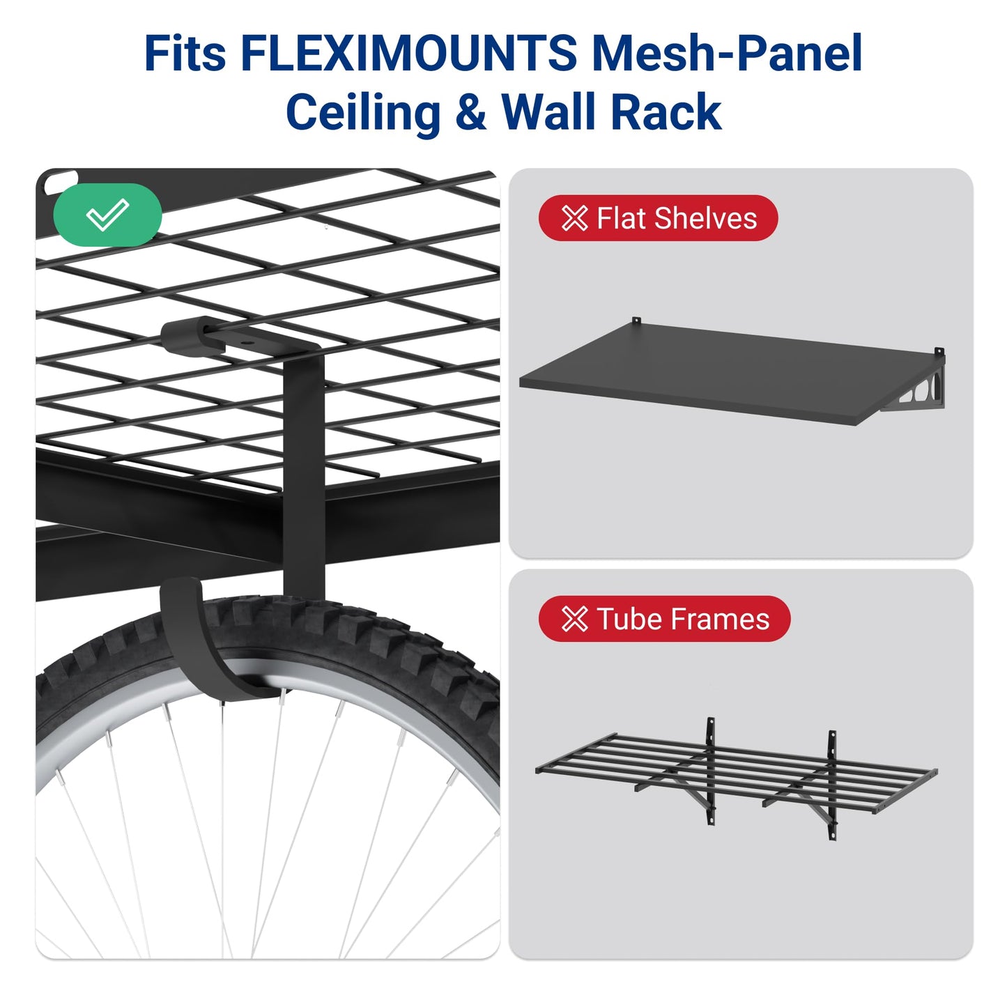 FLEXIMOUNTS 4 Pack Add On Storage Flat Hook Accessory for Garage Ceiling Rack and Wall Shelving, Max Weight Capacity up to 50lbs, Black