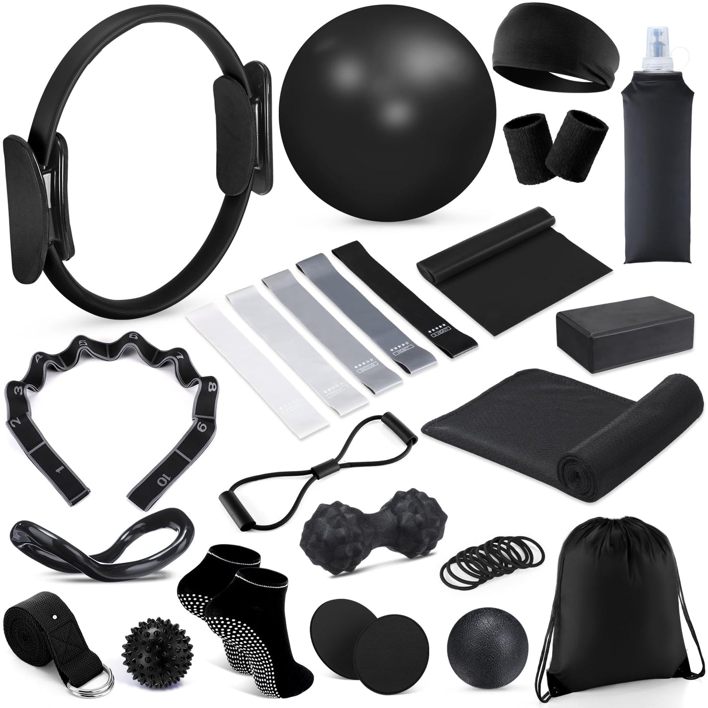 24 Pcs Home Pilates Essentials Kit for Women, Pilates Equipment Ring and Ball Set with Stretching Strap, Water Bottle, Magic Circle, Yoga Ring, Gym Bag, Resistance Band, Anti Slip Socks(Black)