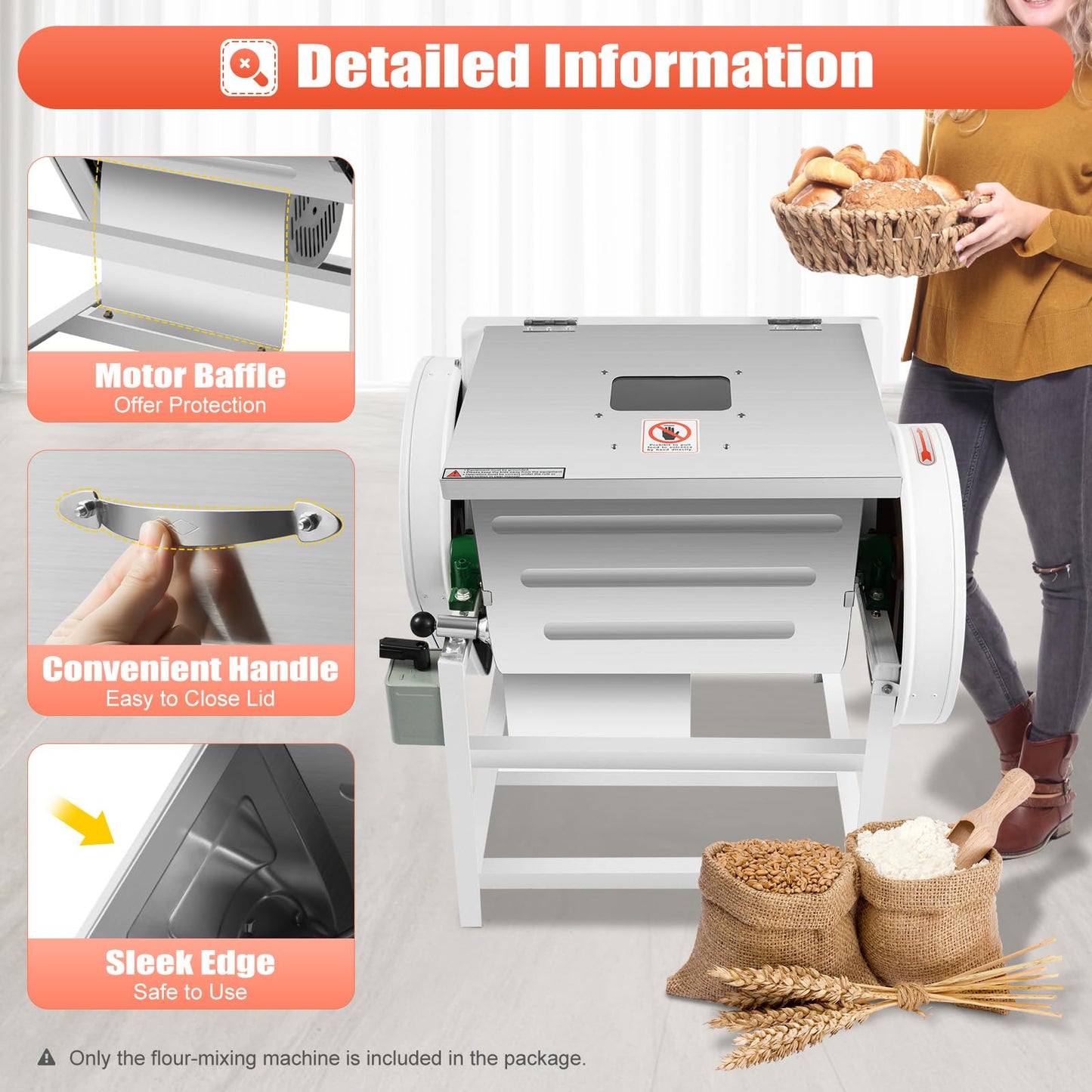 RocoReny 30QT Commercial Electric Dough Mixer Mixing Machine, 1500W 110V Stainless Steel Heavy Duty Pizza Dough Kneading Machine with 90° Tilt Bowl for School Bakery Restaurant