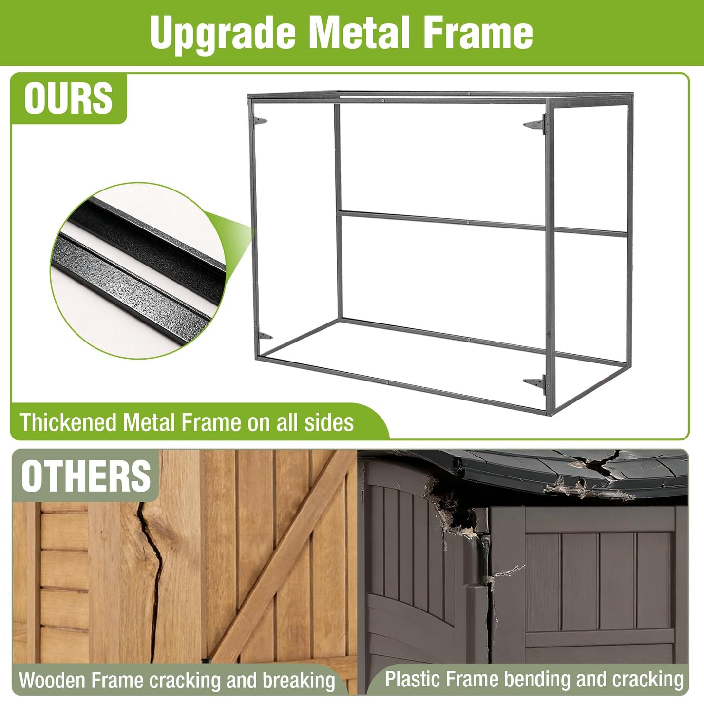 Joyqinchen Outdoor Storage Shed with Strong Metal Frame, Wooden Garden Sheds with Adjustable Shelves and Removable Floor, Weatherproof Outdoor Trash Can Shed, Horizontal Storage Cabinet for Patio