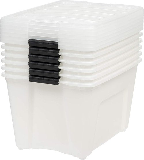 IRIS USA 54 Quart Stackable Storage Bins - Durable Plastic Containers with Lids & Latching Buckles, 6 Pack - Pearl