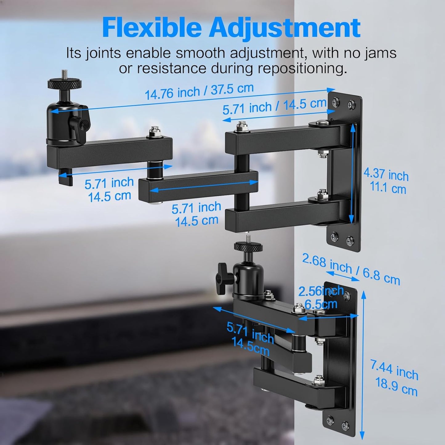 JUBOR 360 3-Sections 1/4" 14.7" Projector Wall Mount, Rotation Wall Mount for Projector Webcams with Ball Head