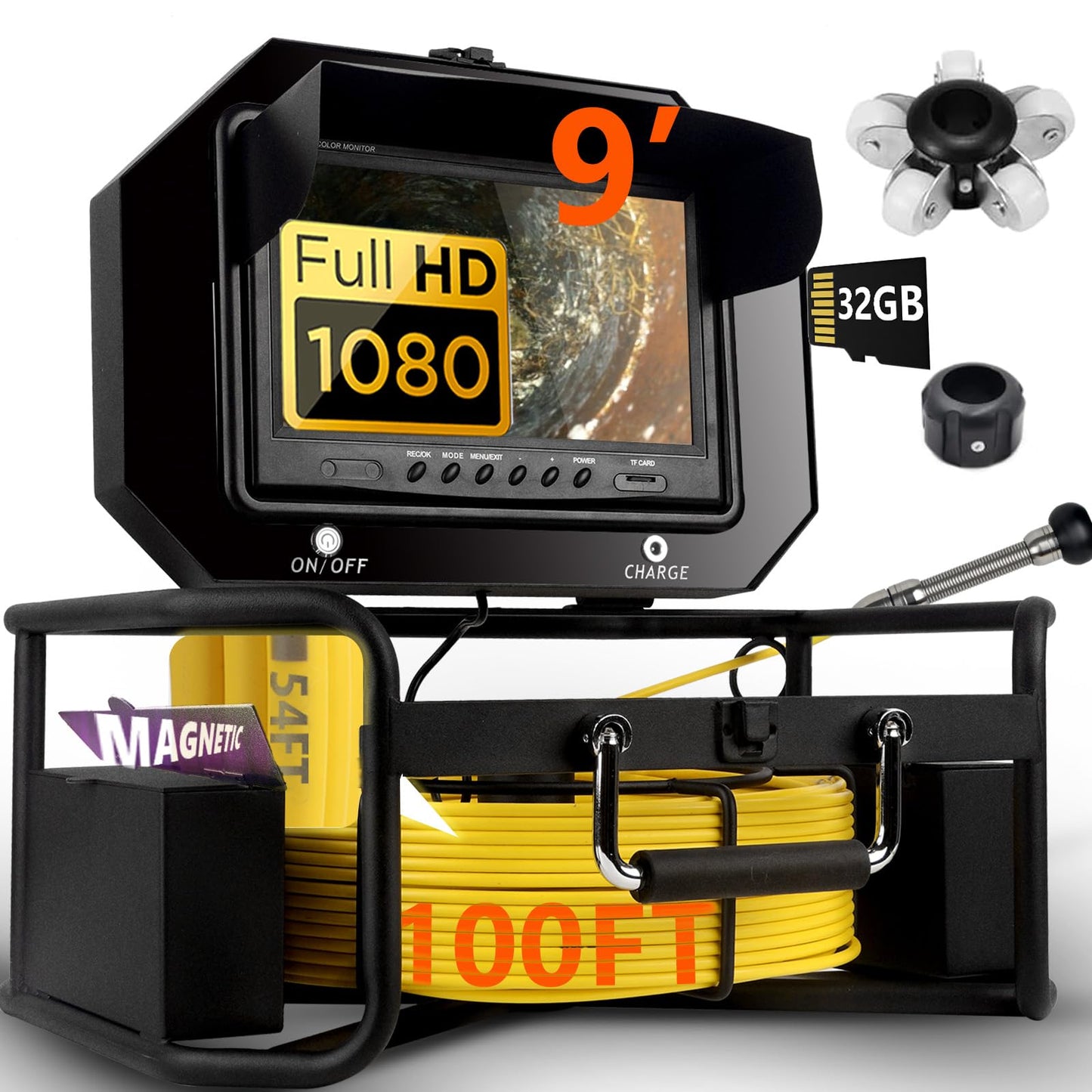 𝟐𝟎𝟐𝟔 𝐧𝐞𝐰 9” Sewer Camera, HD 1080P w/DVR-32GB, [All-in-One Design with Magnetic Box] Drain Pipe Inspection Camera, [One Big Screw Unlock] Sewer Pipe Cam, 4500mAh, Cable Markers, 100ft/30m
