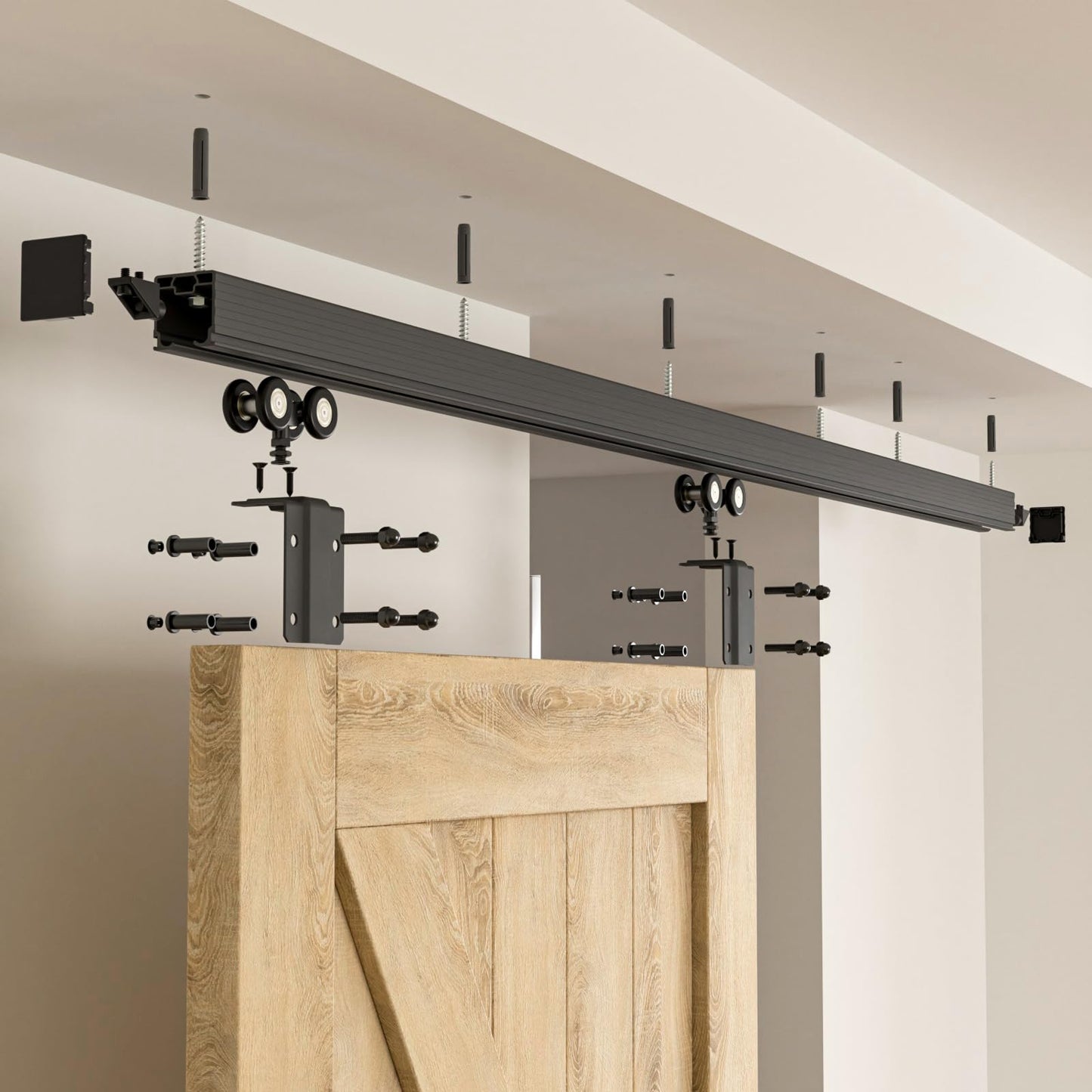 FLYVLIEG Heavy Duty Sliding Barn Door Track Kit, Ceiling Mount Box Rail Barn Door Hardware Kit for Single Door, Easy Install, 6.6FT(No Door)