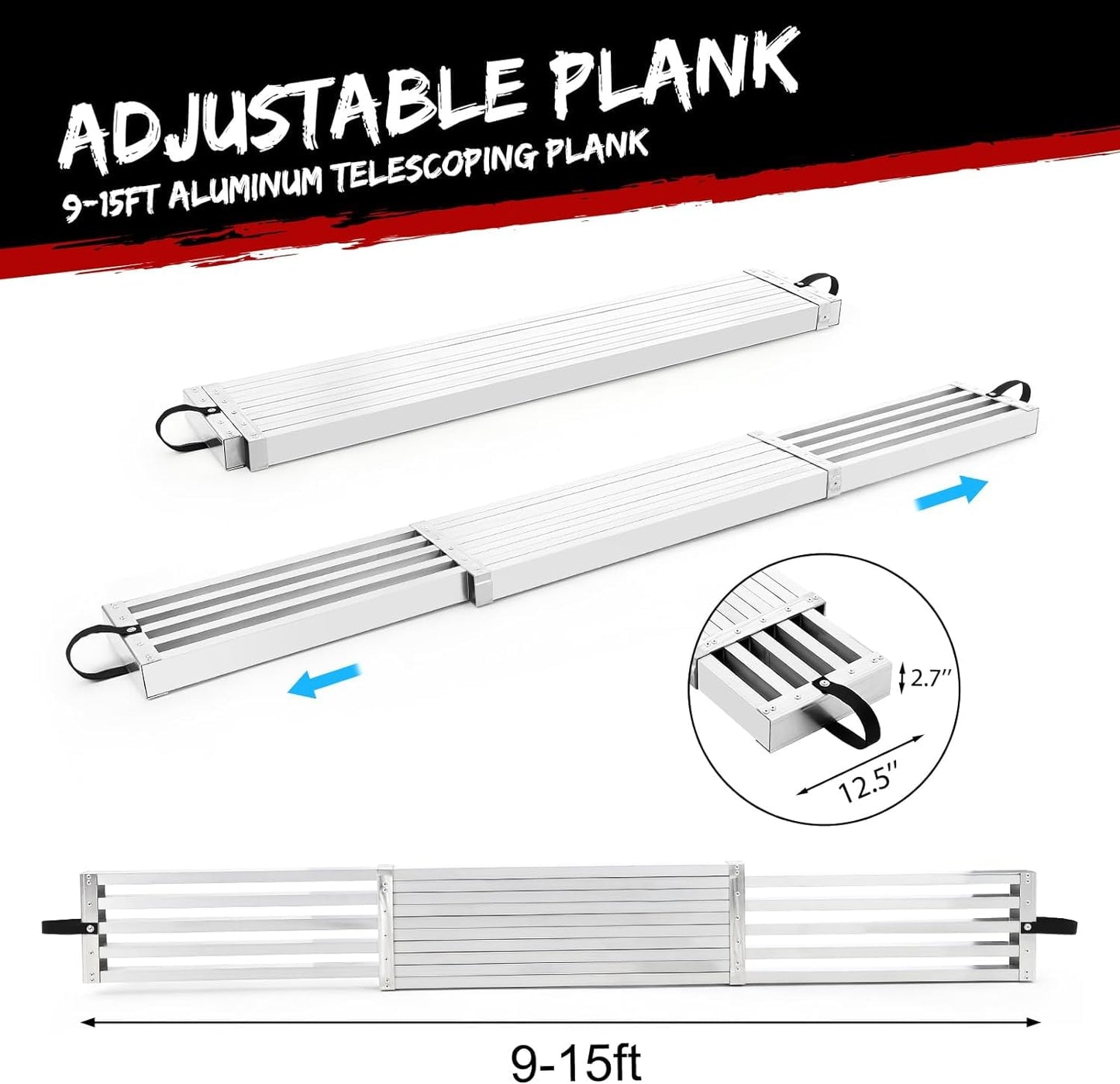 Telescoping Plank, Aluminum Work Plank,Aluminum Extension Plank 440lbs Capacity, Aluminum Scaffolding Plank with Skid-Proof Platform Scaffold Ladder Accessory (9-15FT)