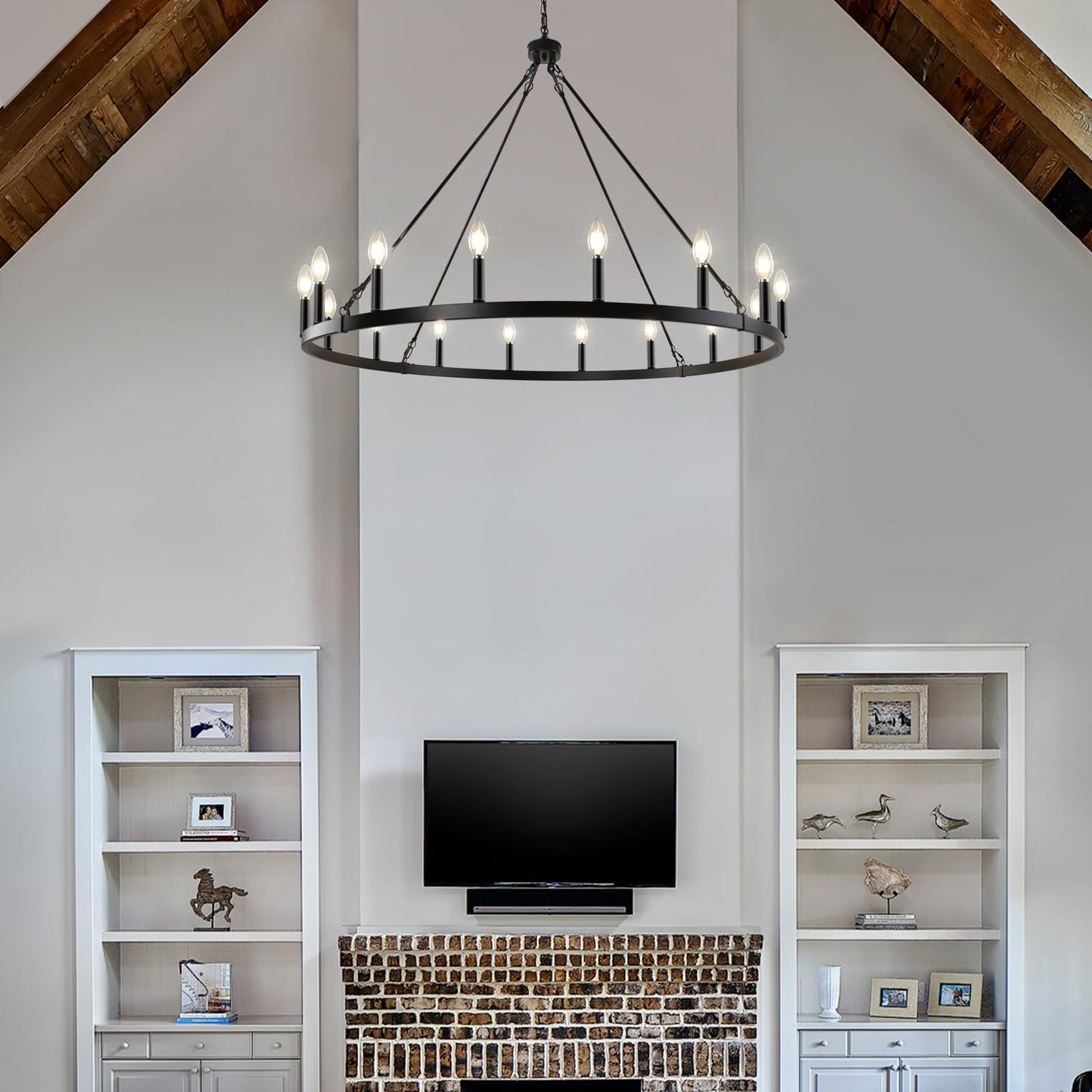 LynPon Black Wagon Wheel Chandelier 47 Inch, 16 Lights Modern Farmhouse Chandeliers, Rustic Large High Ceiling Round Chandelier, Industrial Hanging Light Fixture for Living Room Dining Room Foyer