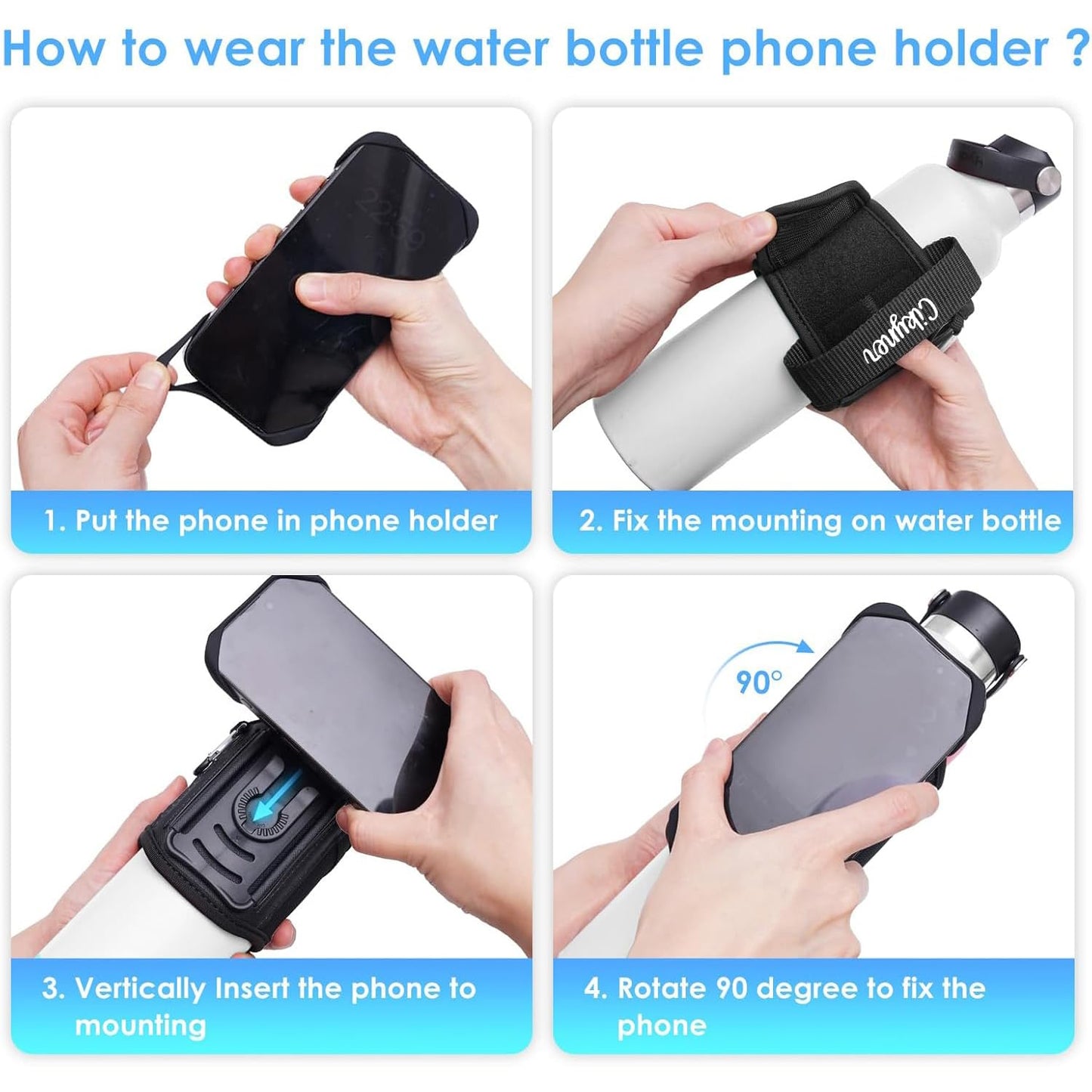 Cikyner Water Bottle Strap, Water Bottle Holder for Mobile Phone 360° Rotatable & Removable Water Bottle Pouch Gym Water Bottle Accessories for 4.5-7'' Mobile Phone & 18-40 oz Water Bottles (G7L)