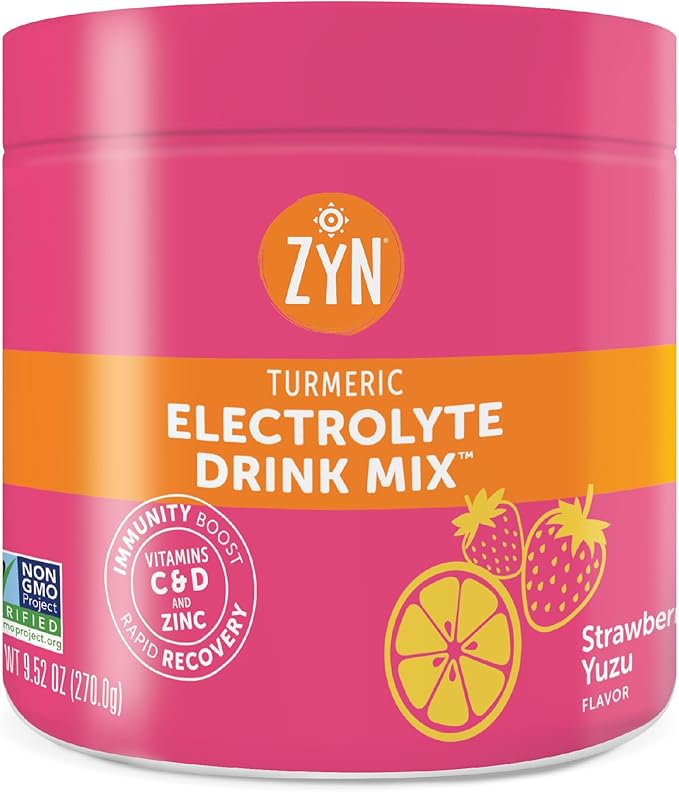 ZYN Electrolyte Hydration Drink Mix (30 Servings), Strawberry Yuzu Electrolytes Powder, Hydrating Formula w/Turmeric Curcumin, Vitamin C & D, Zinc, Electrolyte Support Drink Mix