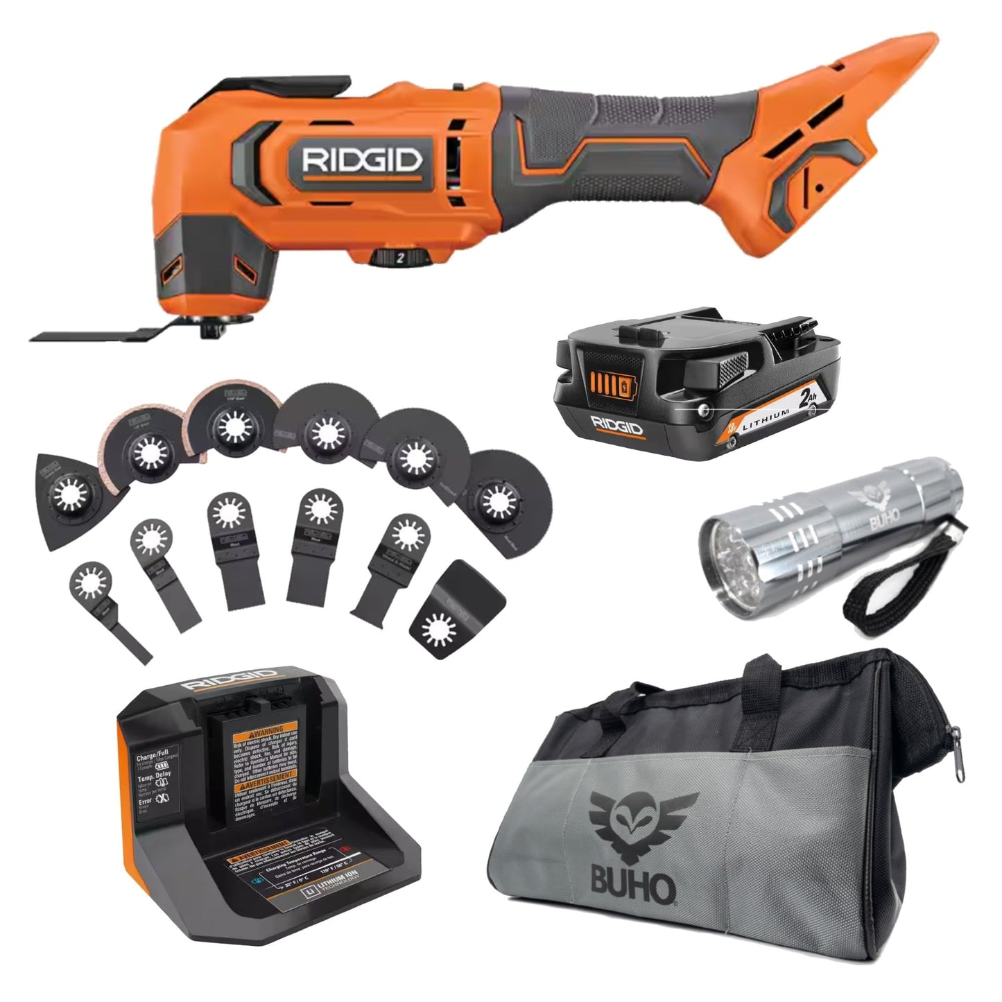 Buho Ridgid 18V Cordless Oscillating Multi-Tool Bundle with 2.0 Ah Battery, Charger, 14-Piece Blade Accessory Kit, Tool Bag & Flashlight