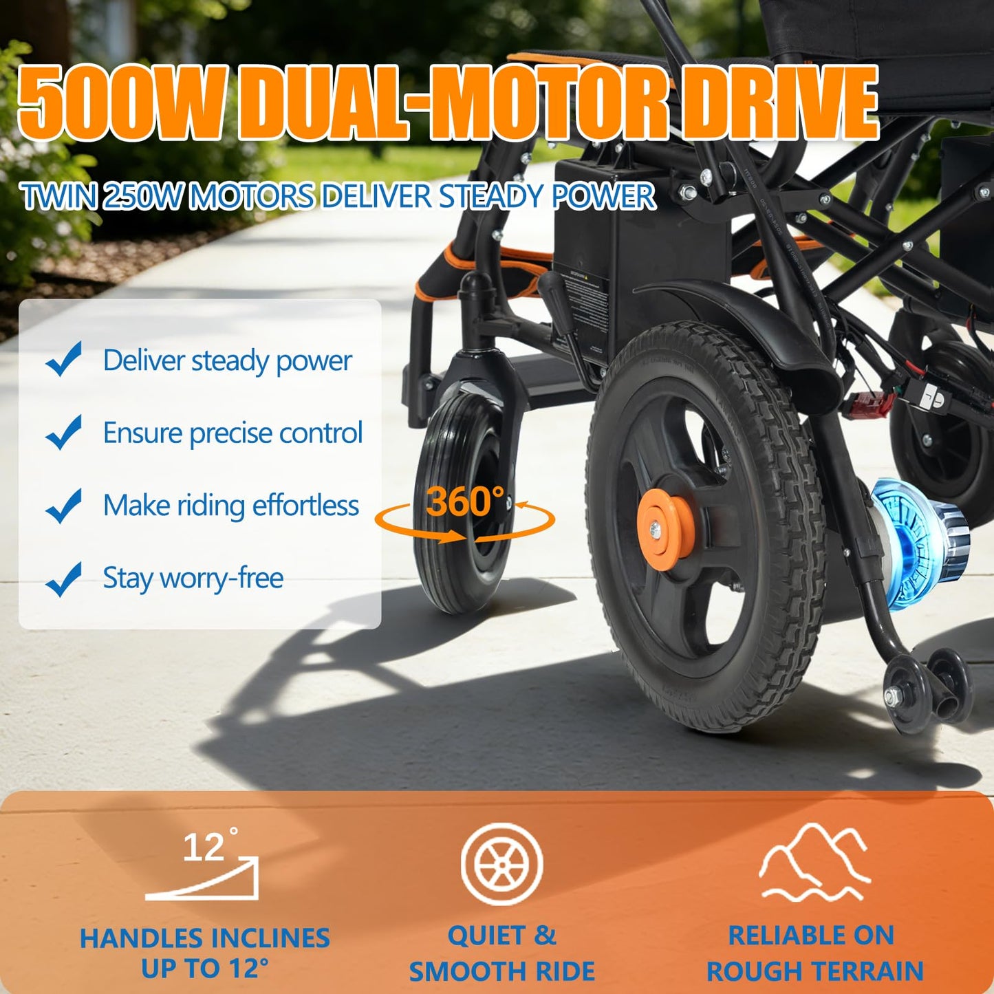 Electric Wheelchair for Adults – Foldable & Portable | 500W Dual Motors, Motorized Power Wheelchair, 15+ Travel Range, 300 lbs Capacity, Comfortable & Safe for Seniors (Orange)