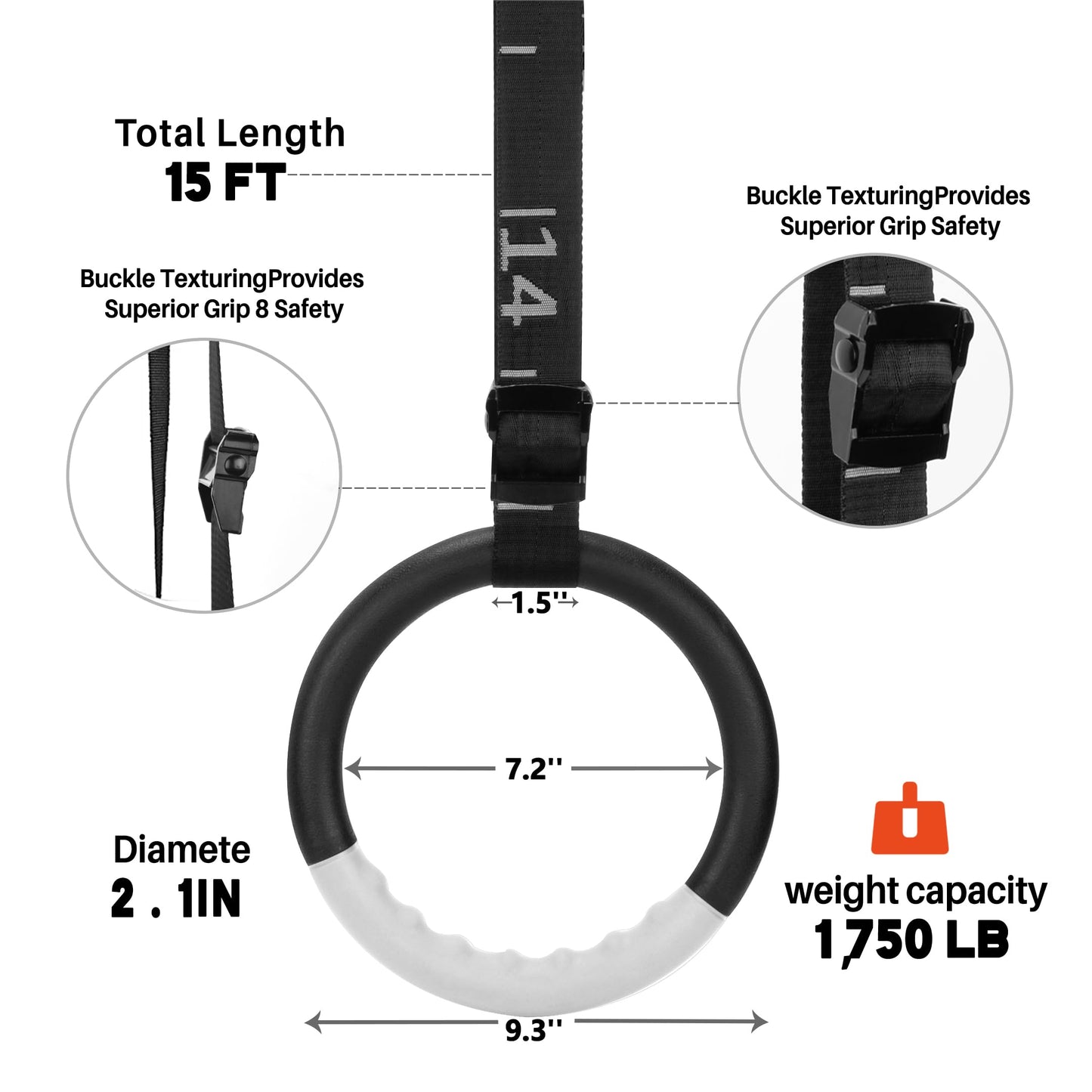 Teamaze Gymnastic Rings with 15 FT Adjustable Straps Non-Slip Gymnastics Rings Pull Up Workout Rings for Home Gym Exercise, Training (Grey)