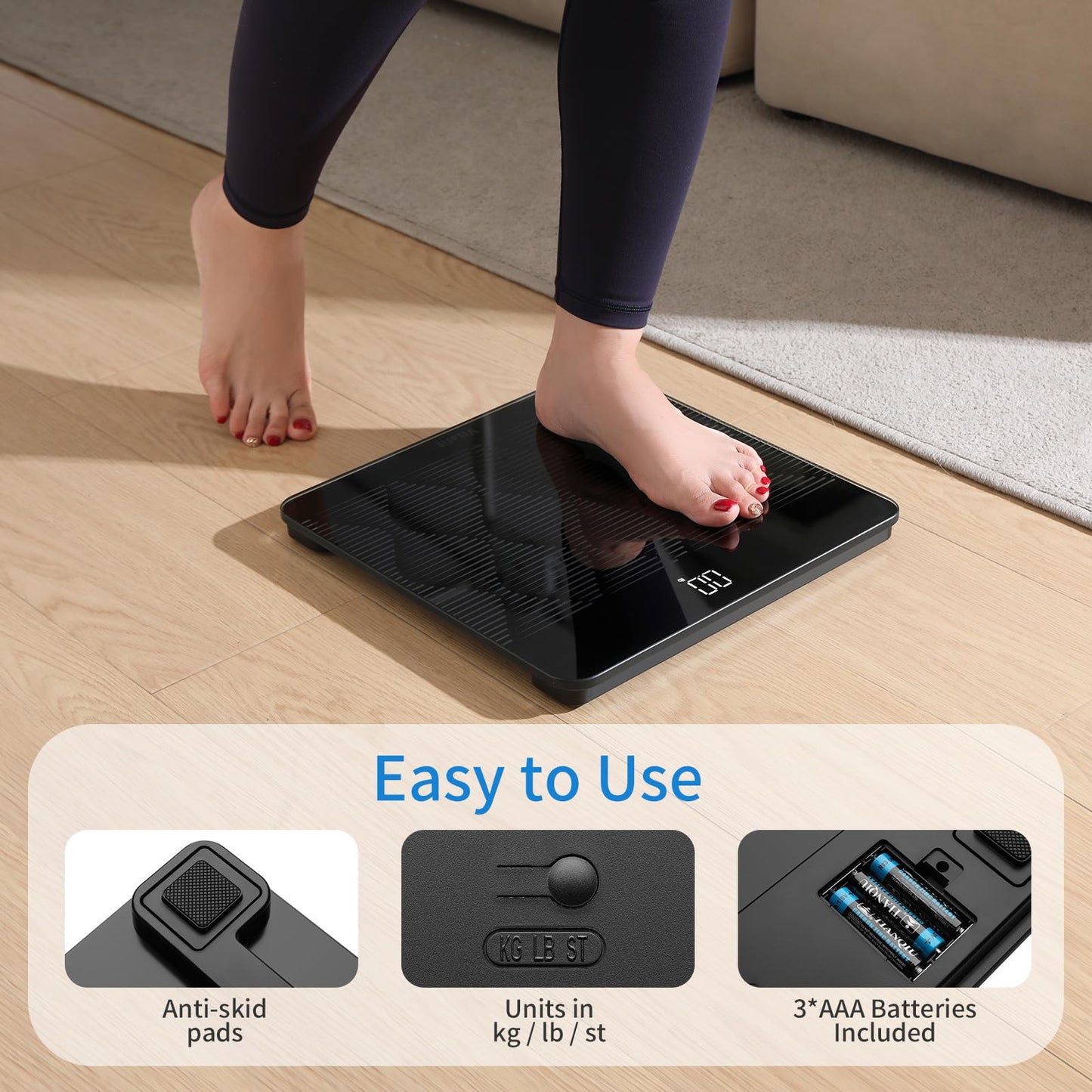 Vitafit 660lb Scale for Body Weight, Accuracy 0.1lb by Our Professional Scale Factory Since 2001, Smart Digital Weight Scale BMI via APP, 8mm Non-Slip Tempered Glass 12.4" x 12.4", LED, 3xAAA, Black