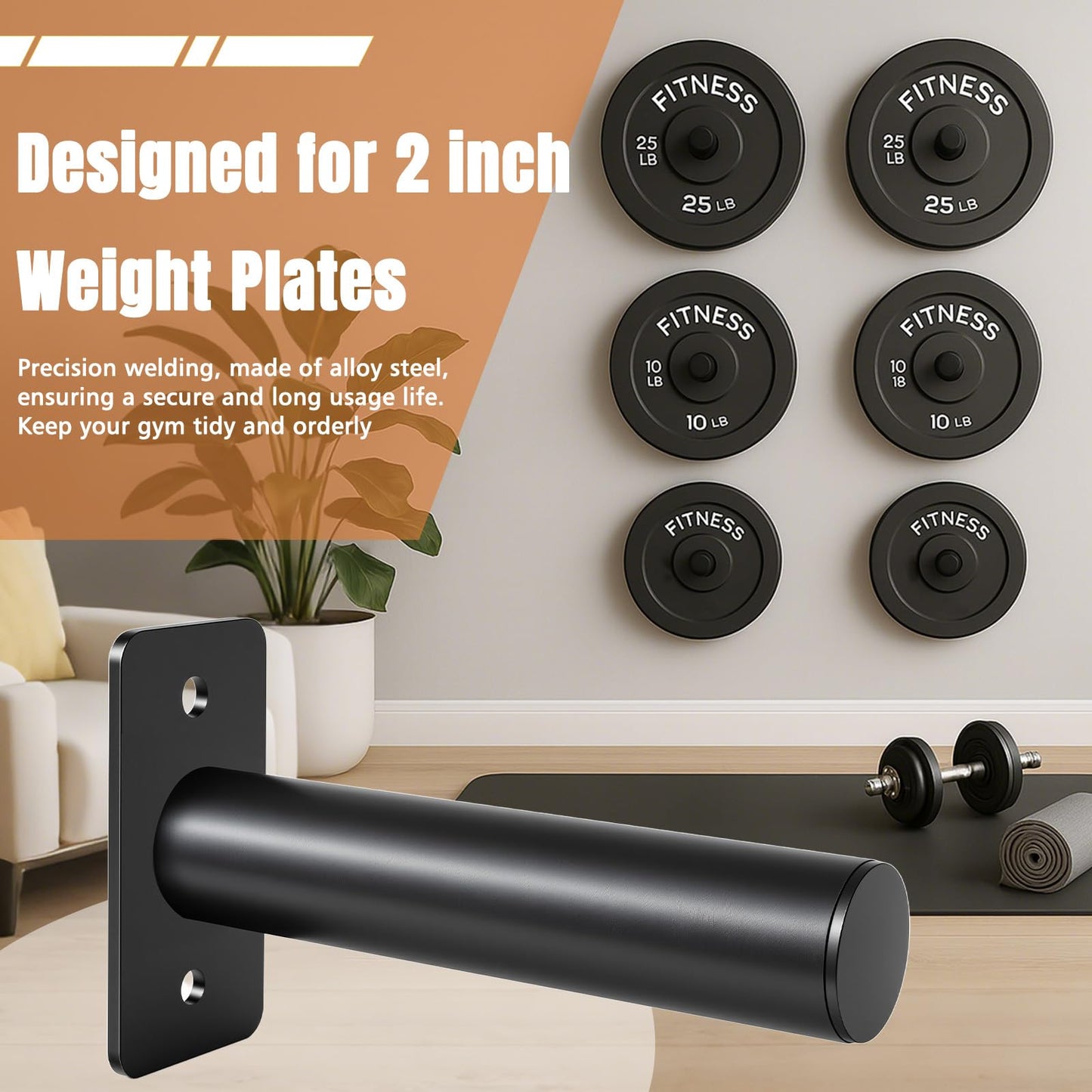 CAELUM Weight Plate Holder, Wall Mounted Weight Rack for 2-Inch Olympic Plates, Heavy Duty Alloy Steel Plate Holder, Max Weight Capacity 330lb, Space-Saving Storage Stand for Home Gym Organization