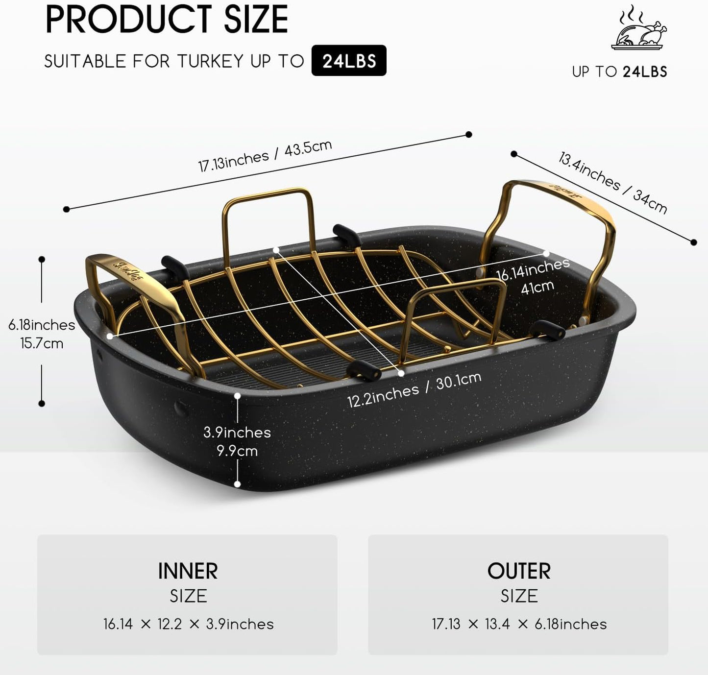 Roasting Pan - 17 Inch x 13 Inch Nonstick Roaster with Removable Rack for Turkey & Vegetables | Gold