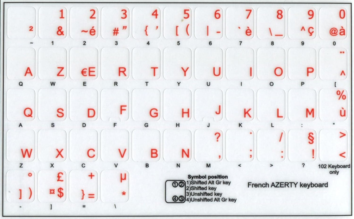 4Keyboard French AZERTY Keyboard Decals ON Transparent Background with Blue, Black, Green, RED, White OR Yellow