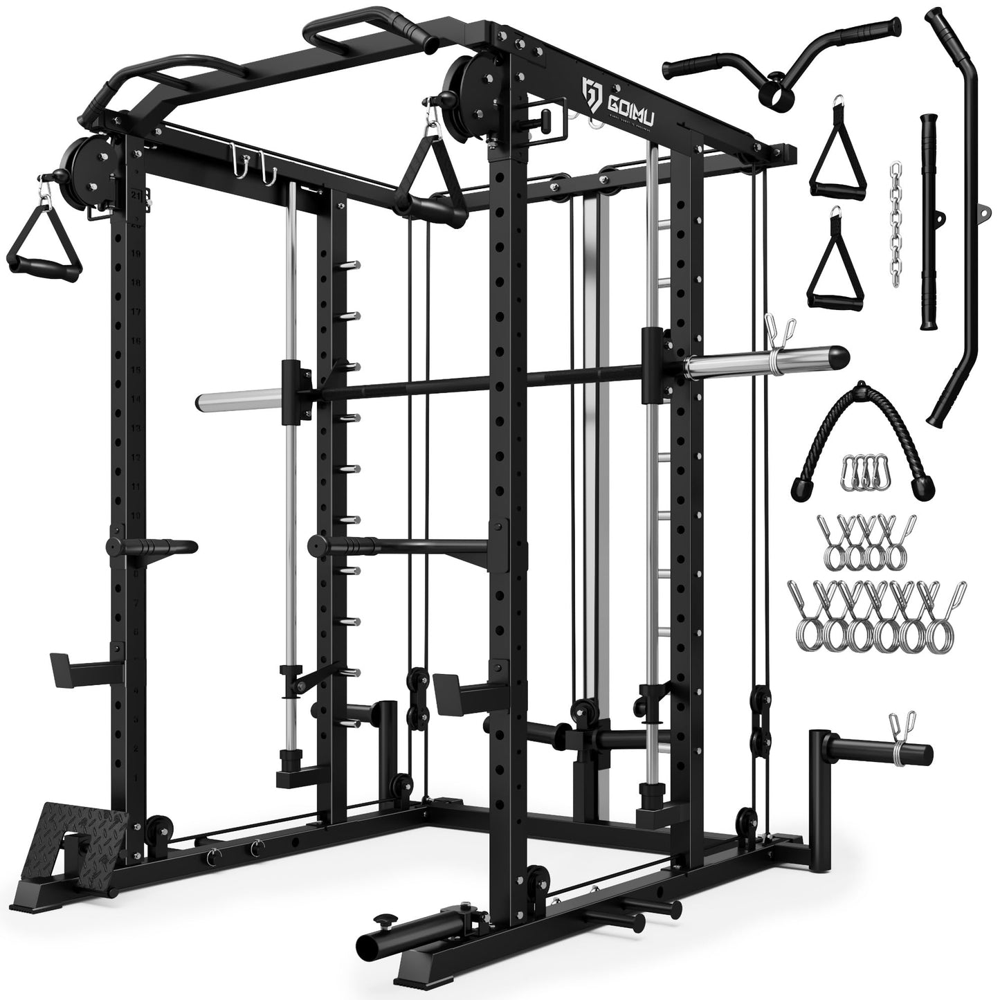 Goimu S1-V4 Smith Machine, 2000LBS Power Cage with Cable Crossover System, All-in-One Squat Rack with Smith Bar, Strength Training Equipment for Hone Gym (Black Smith Machine S1)