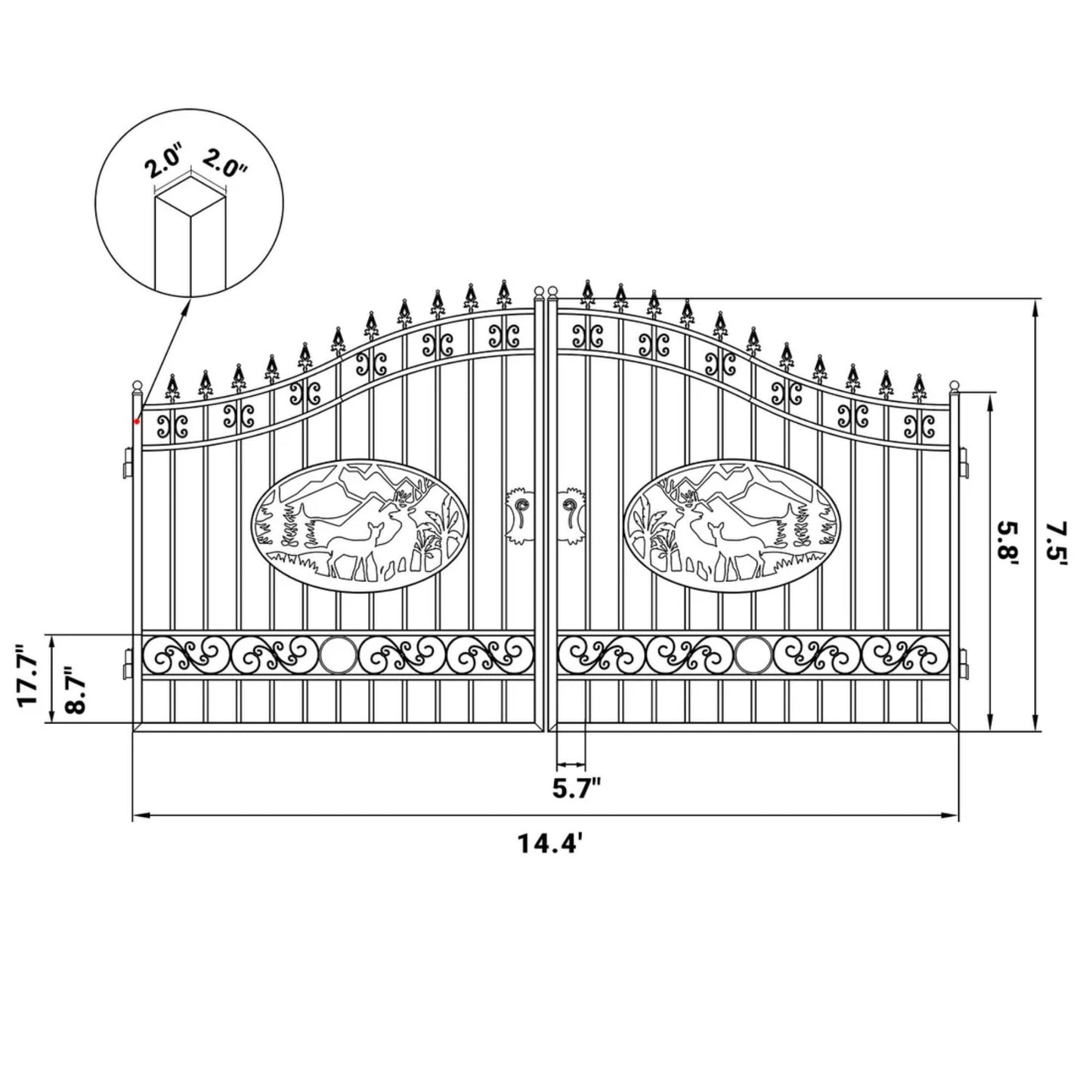 CHERY INDUSTRIAL.COM Outdoor Dual Swing Gate Driveway Security Gates Anti-Rust Outdoor Iron Gate Weatherproof Gate for Outdoor for Yard Patio Manor (14‘ Deer)