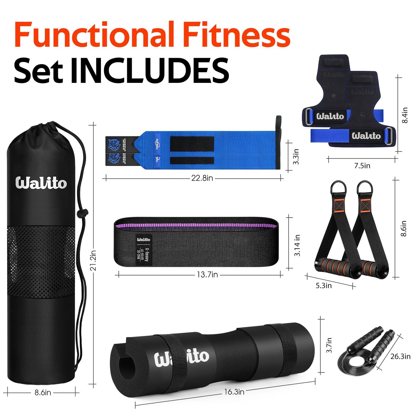 WALITO 8Pcs Barbell Pad Set for Hip Thrust - Squat Pad,Gym Accessories for Women with Bar Bad,Bench Press, with Gym Ankle Straps,Resistance Bands for Working Out,Lifting Strap,Carry Bag (Blue Black-10)