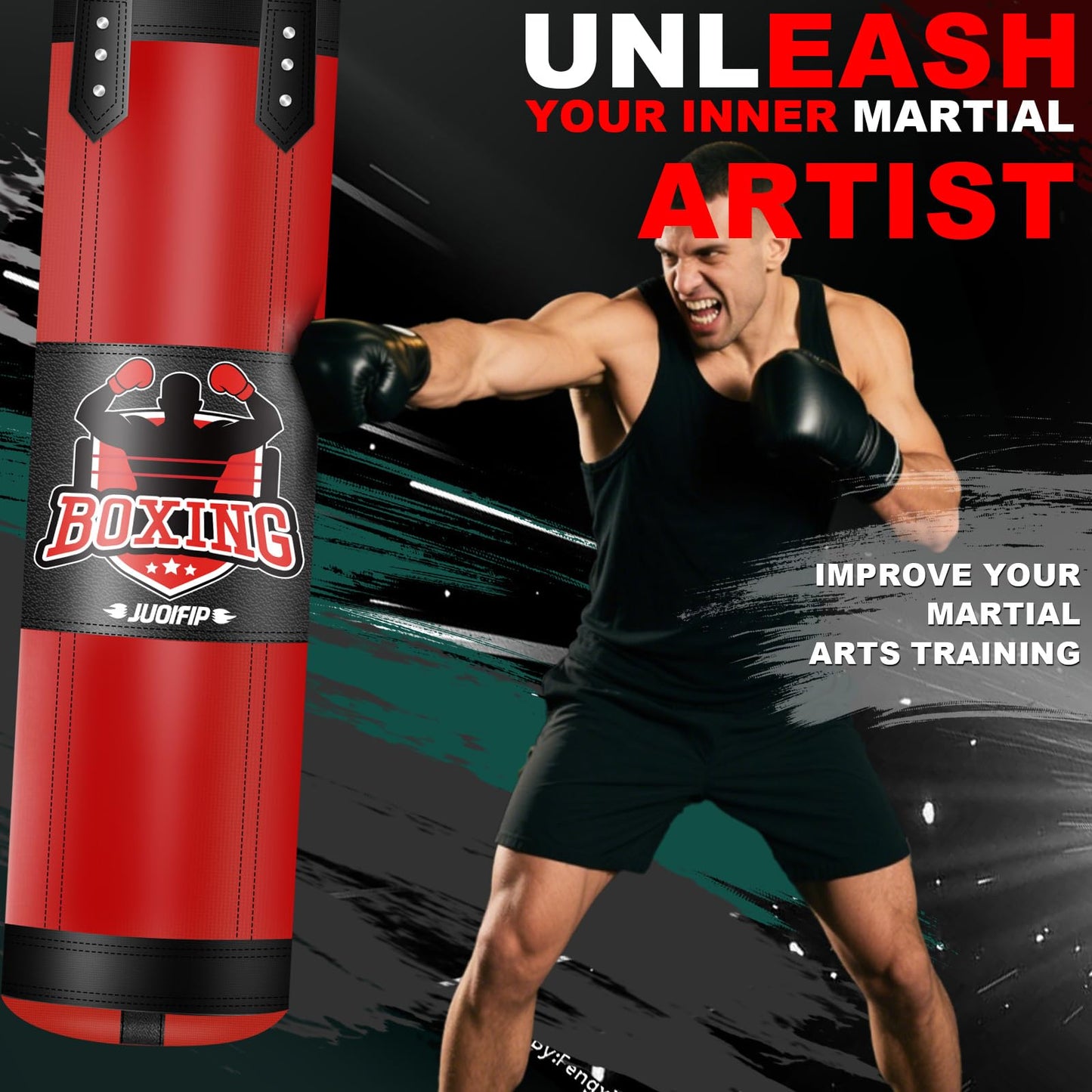 Heavy Punching Bag Set, 4ft Oxford Boxing Bag Set with 12 OZ Boxing Gloves, for MMA Karate Kickboxing Boxing Muay Thai Training Equipment at Home or Gym, Red (Unfilled)
