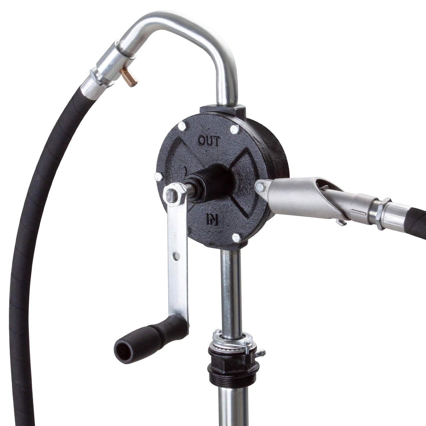 Groz Industrial Rotary Fuel Pump, FM-Approved Cast Iron, 3-Vane, 38 LPM/10 GPM, 8 ft Anti-Static Hose, Aluminum Nozzle, Vacuum Breaker & Flame Arrestor, 2 in Bung, Fits 15-55 Gal Drums (44082)