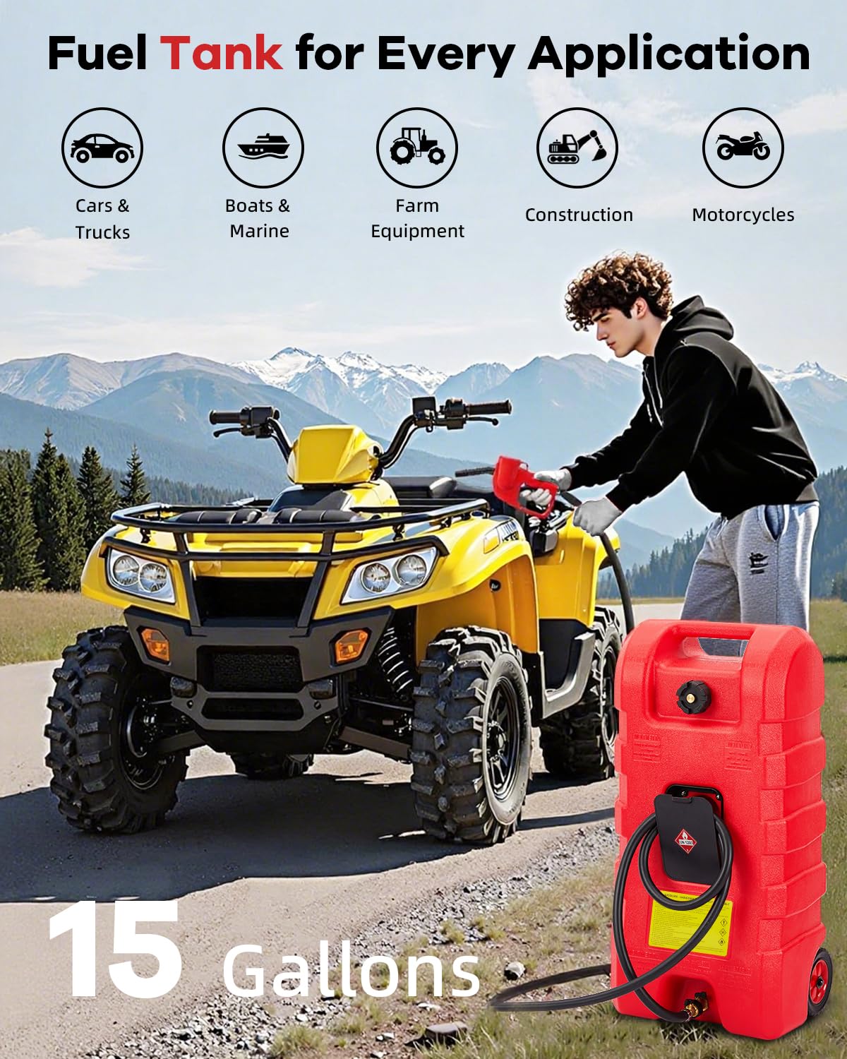 Garvee 15 Gallon Gas Can, Heavy-Duty Portable Fuel Caddy with Manual Fuel Transfer Pump, Portable Diesel Tank on Wheels with 10 ft Hose for Lawn Mowers, Cars, Boats, Tractor, UTV, Camping,Red
