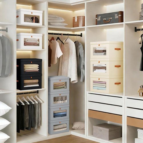 DIMJ Storage Bins - 4 Pack Large Fabric Closet Organizers with Lids & Handles | Collapsible Decorative Storage Boxes for Under Bed & Shelves