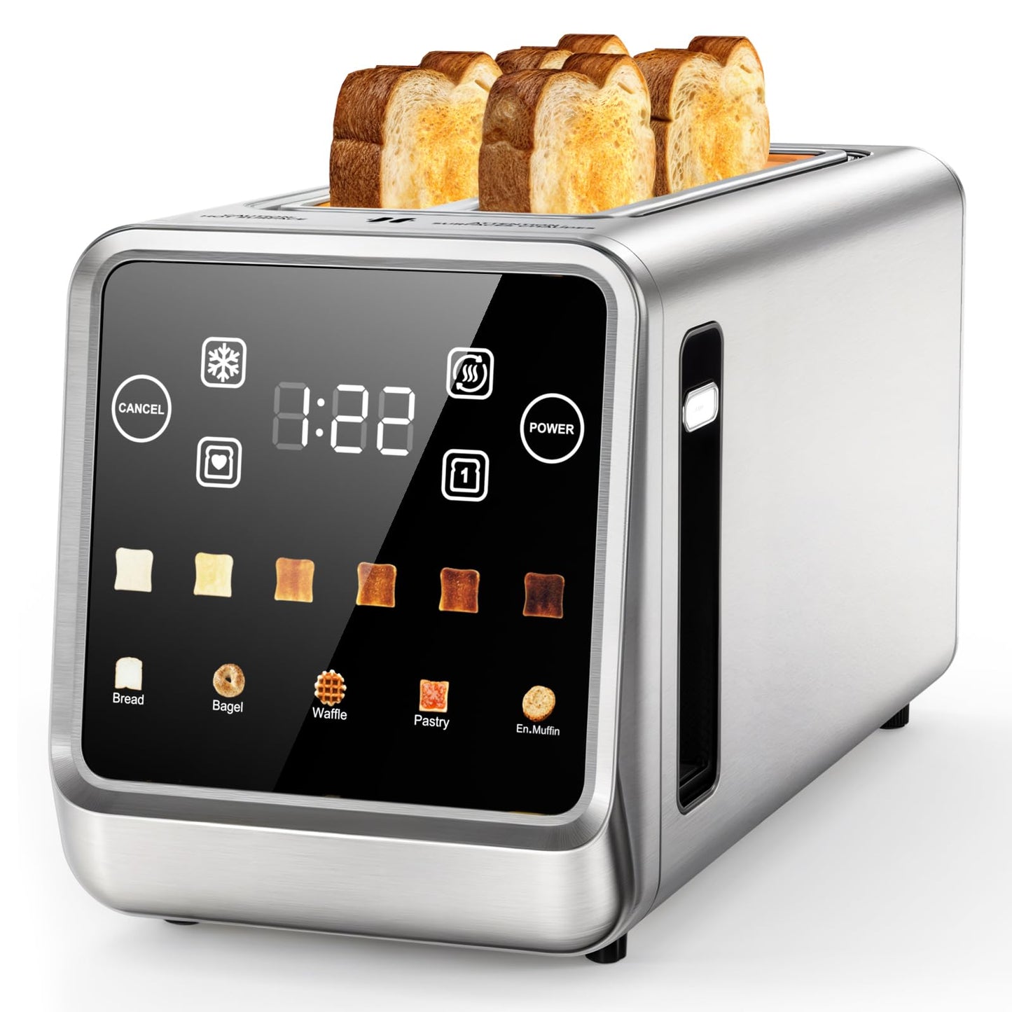 Smart 4-Slice Toaster, 75° Touchscreen with Digital Timer & Even-Heat Tech, Extra-Wide Slots for Bagels & Thick Bread, 6 Browning Levels, Defrost/Reheat, Single-Slot Energy Saving