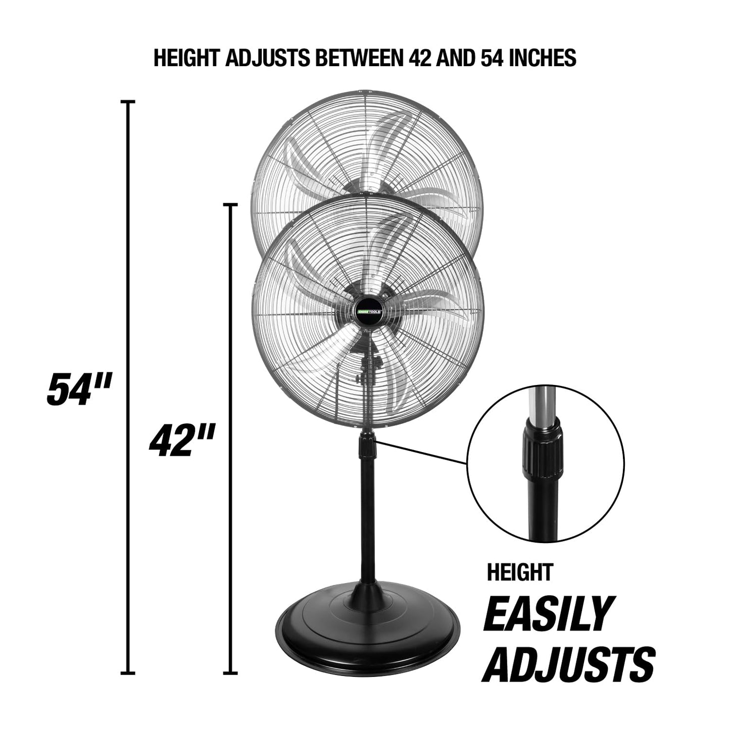 OEMTOOLS OEM24871 20" Oscillating Pedestal Fan, Adjustable Height for Garage, Shop, Gym, Warehouse 4500 CFM Airflow, 3-Speed Enclosed Motor, 5 Aluminum Blades, Dust-Resistant Industrial Purpose